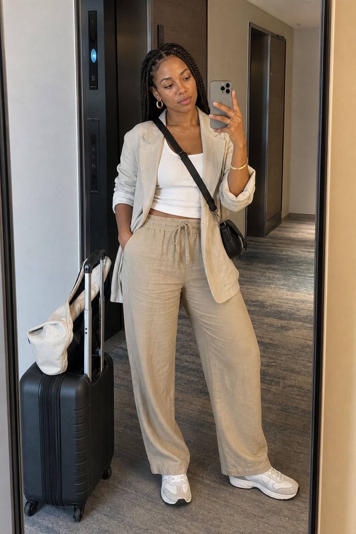 Woman wearing travel pants with a ribbed tank and linen blazer