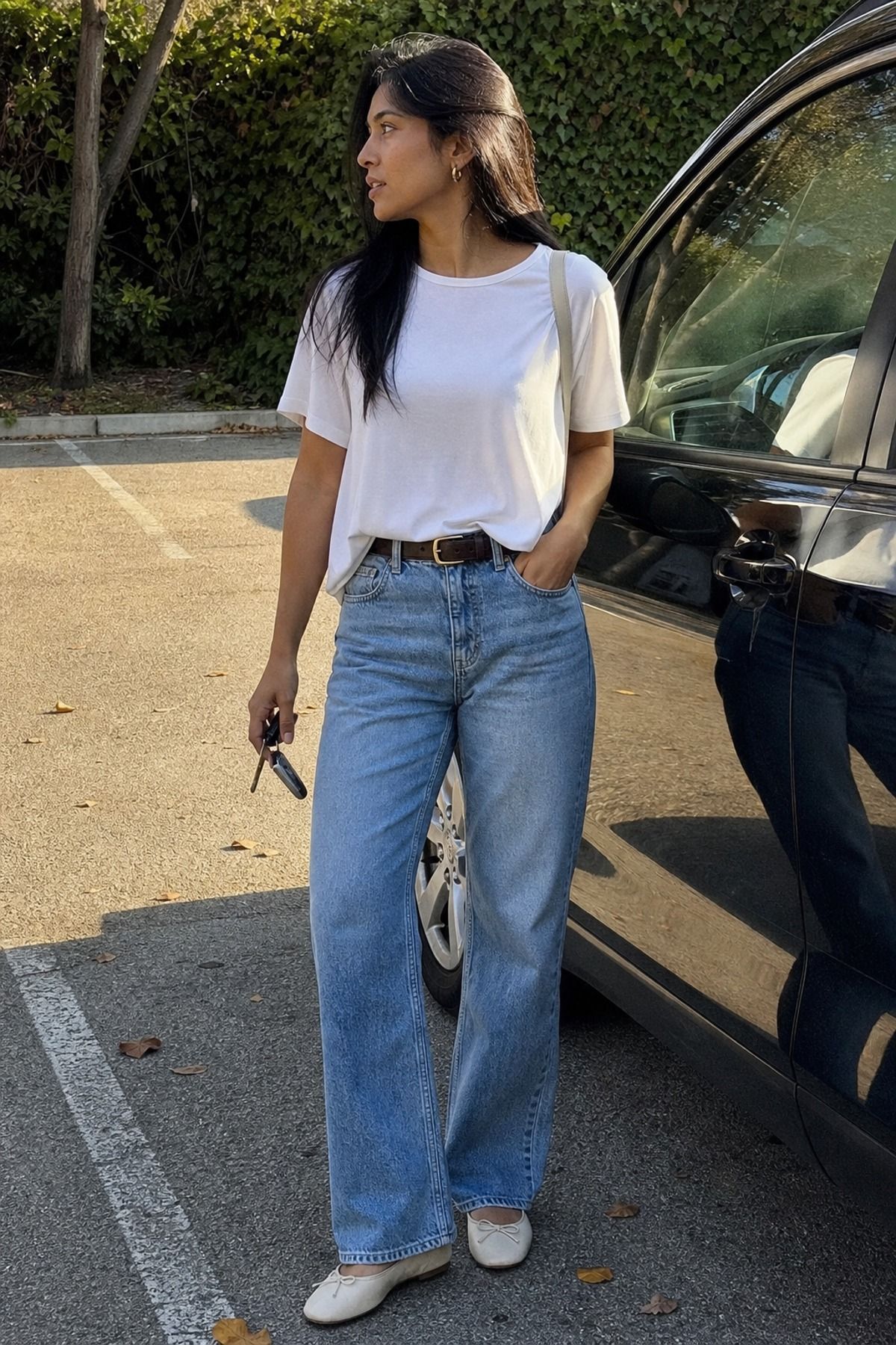 Woman wearing a modal tee with soft denim