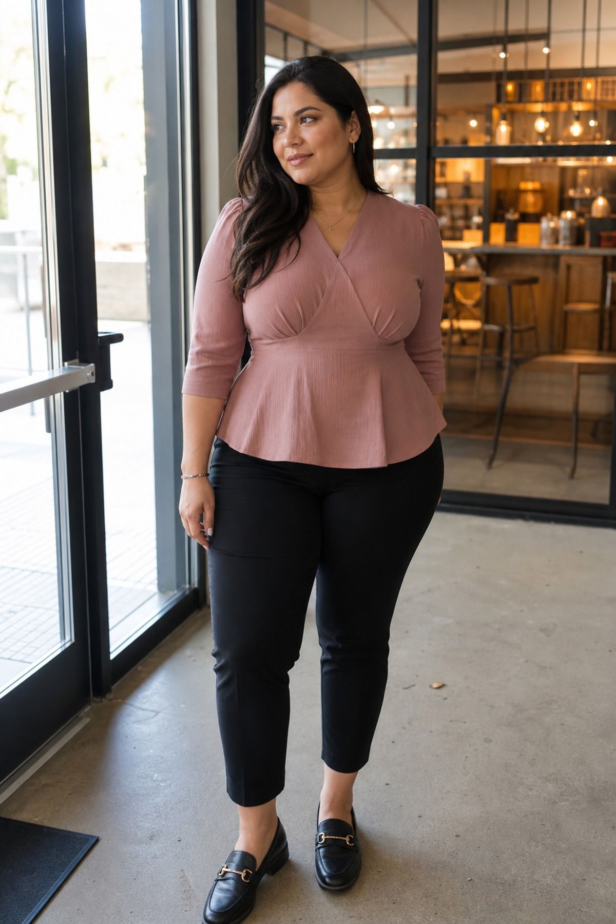 Woman wearing a peplum blouse with ankle pants