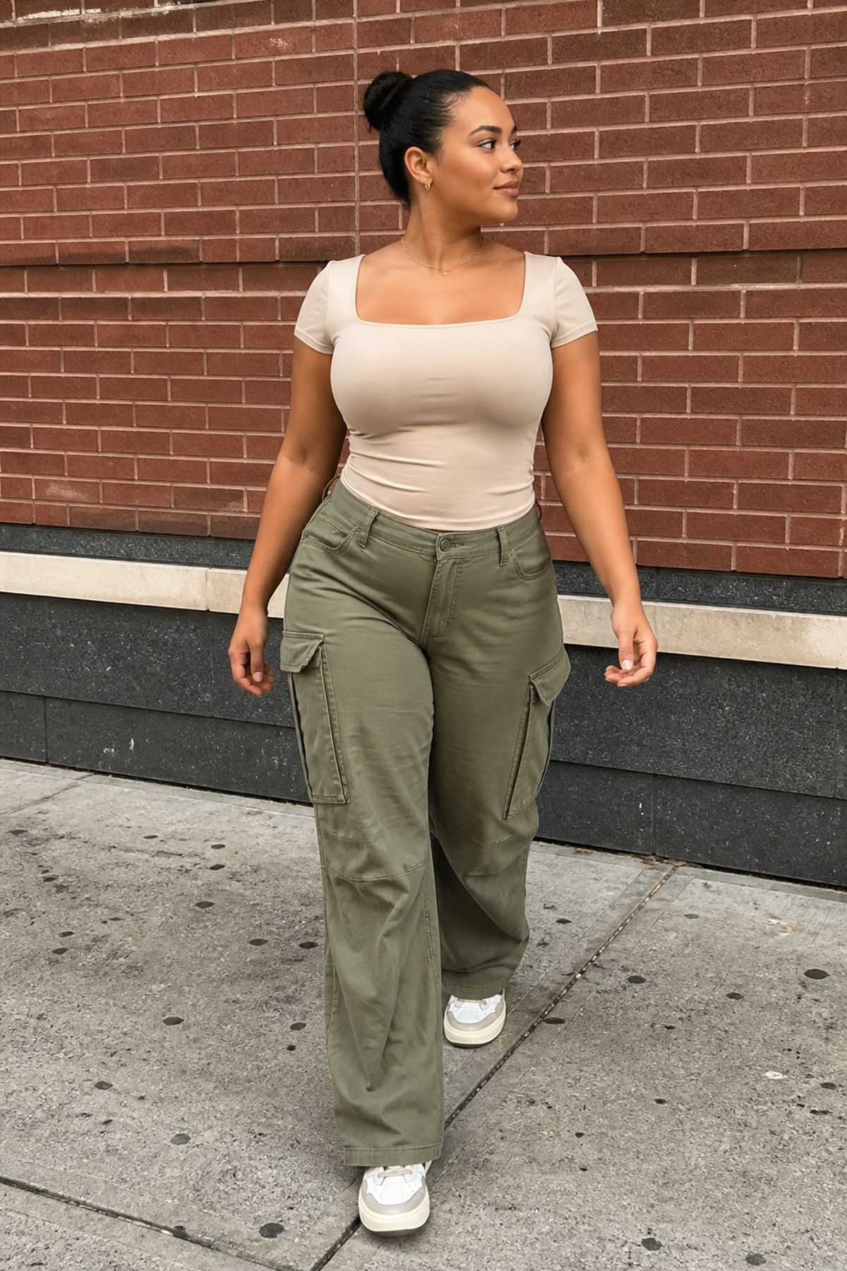 Woman wearing a square-neck tee with cargo pants
