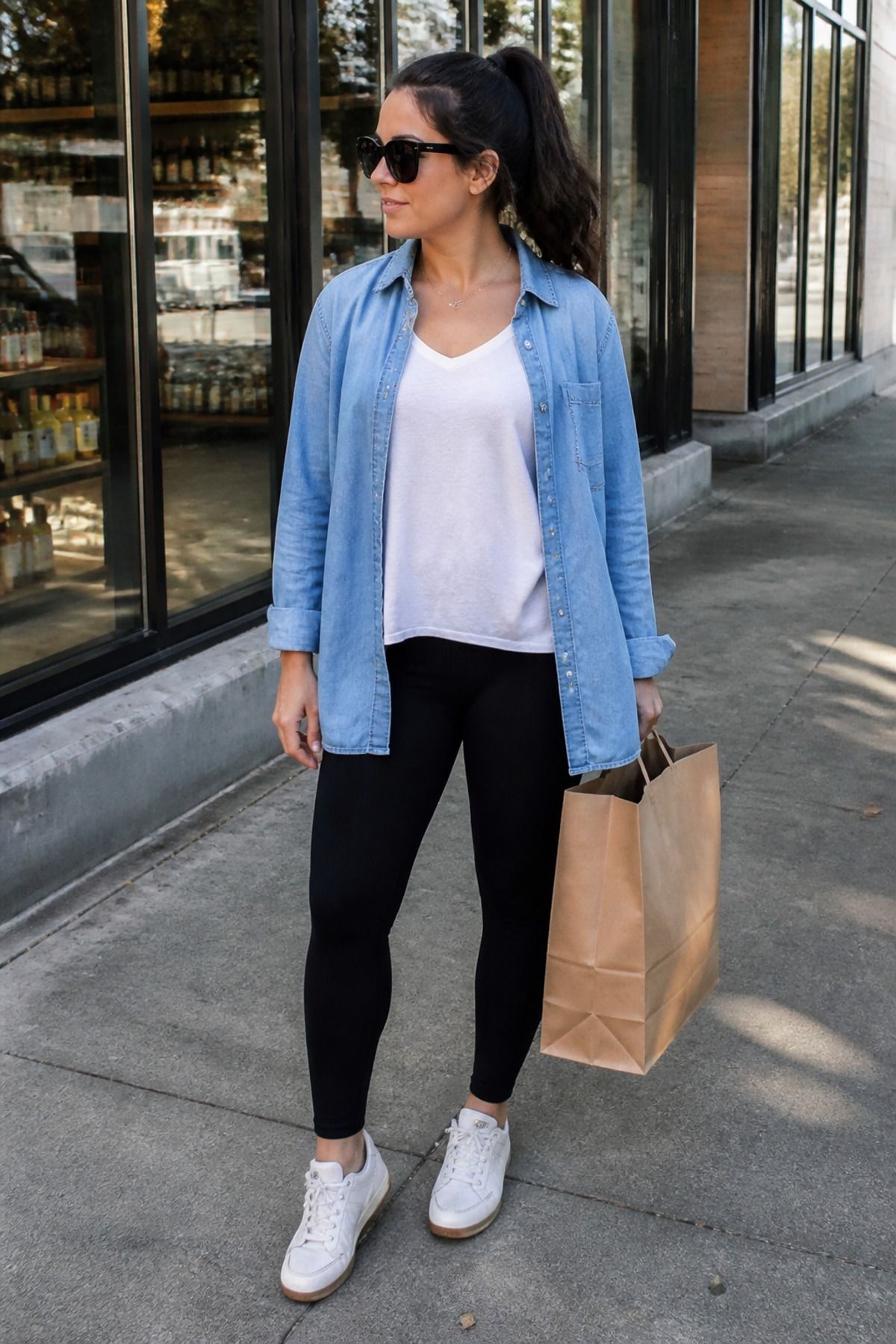 Woman wearing a chambray shirt with black leggings