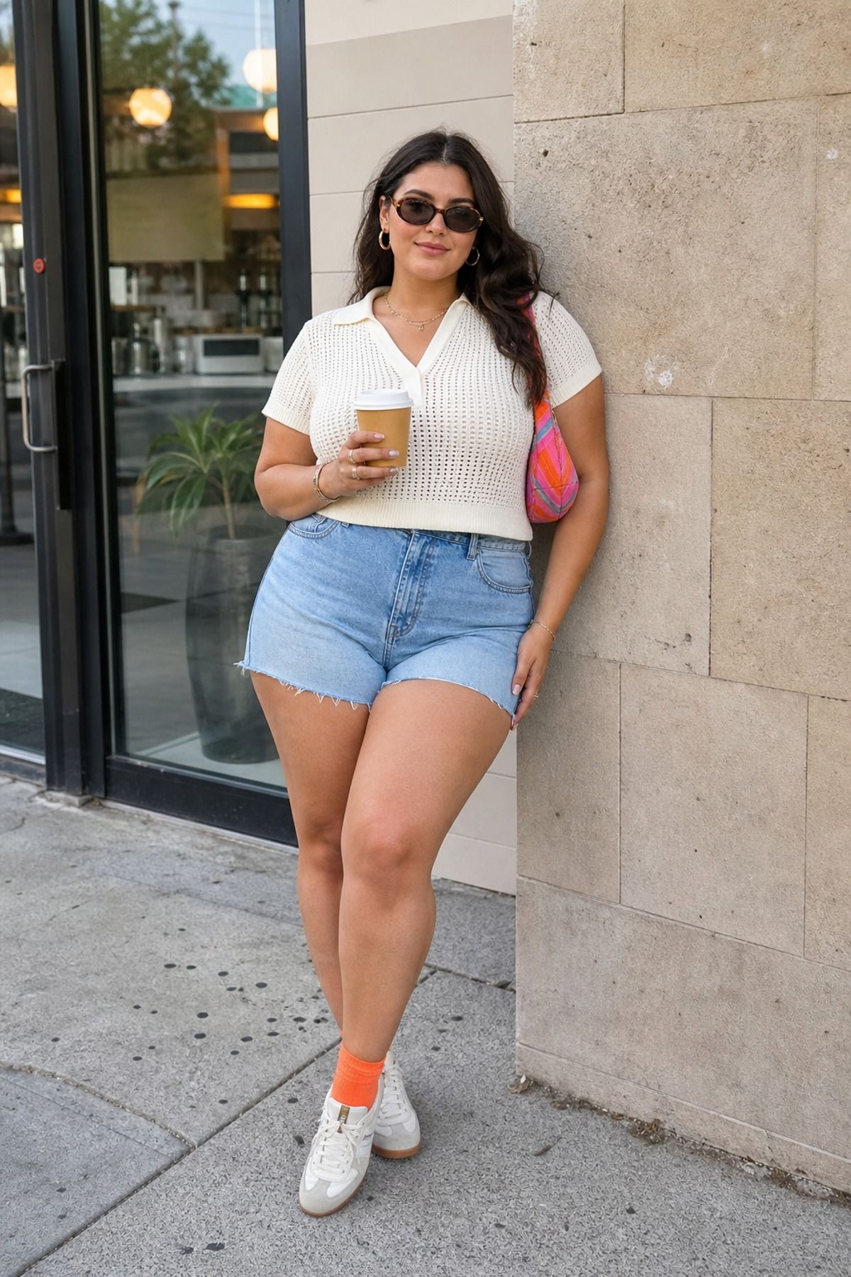 Woman wearing a knit polo with denim shorts