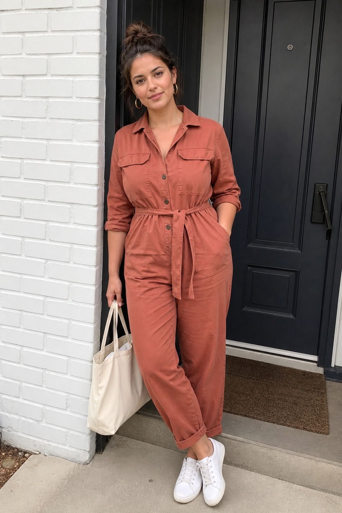 Woman wearing a utility jumpsuit with low sneakers