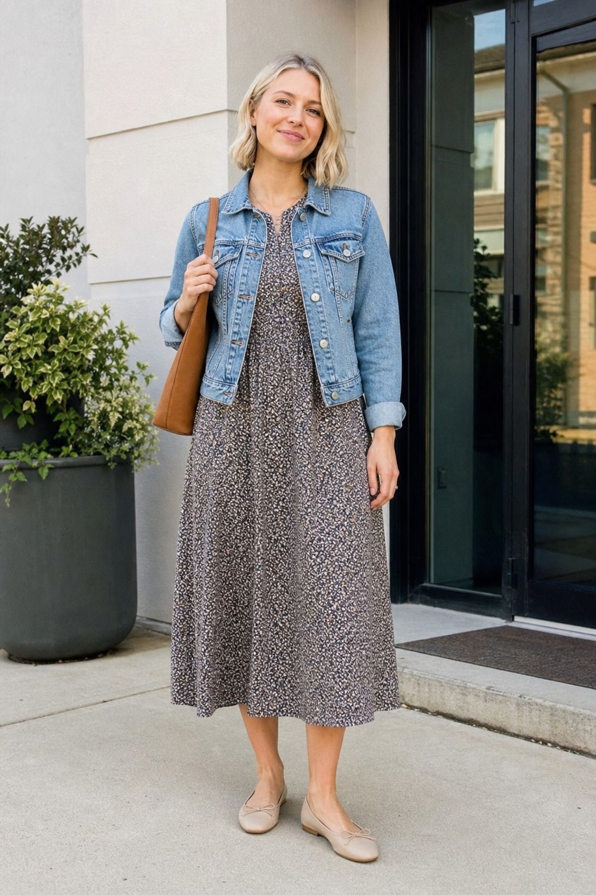 Woman in a gray ditsy print midi dress, light denim jacket and nude ballet flats with a tan tote outside a school entrance