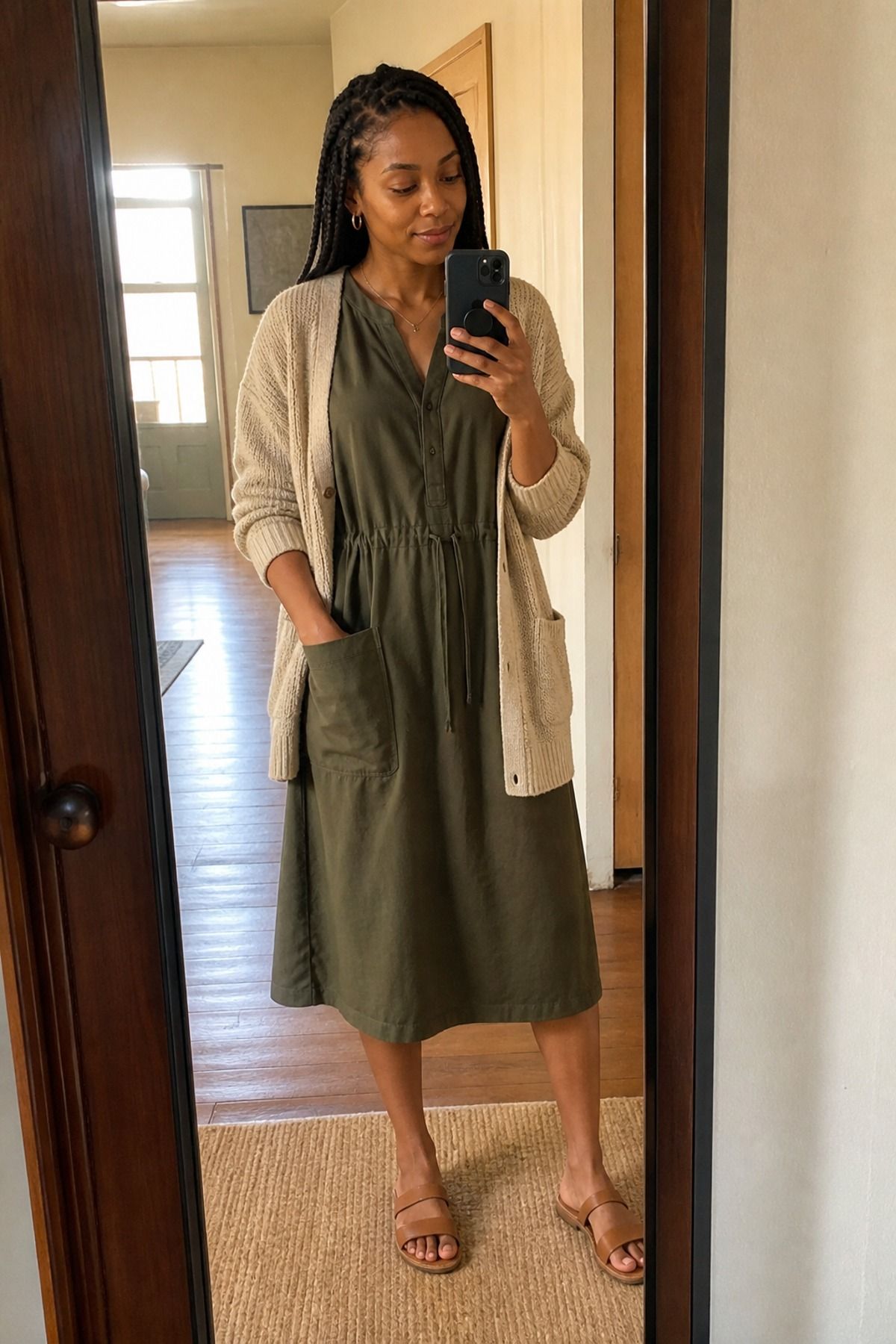Woman in an olive drawstring utility dress, oatmeal cardigan and tan slide sandals taking a mirror selfie