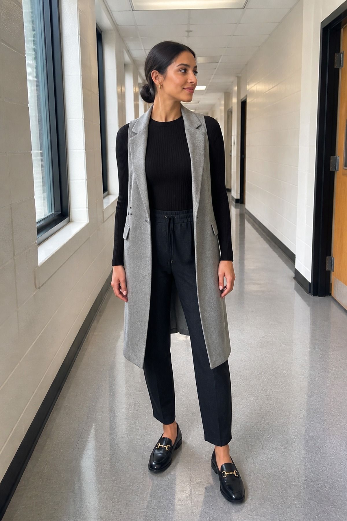 Woman in a long gray vest, black ribbed top, black pull-on trousers and black horsebit loafers in a school hallway