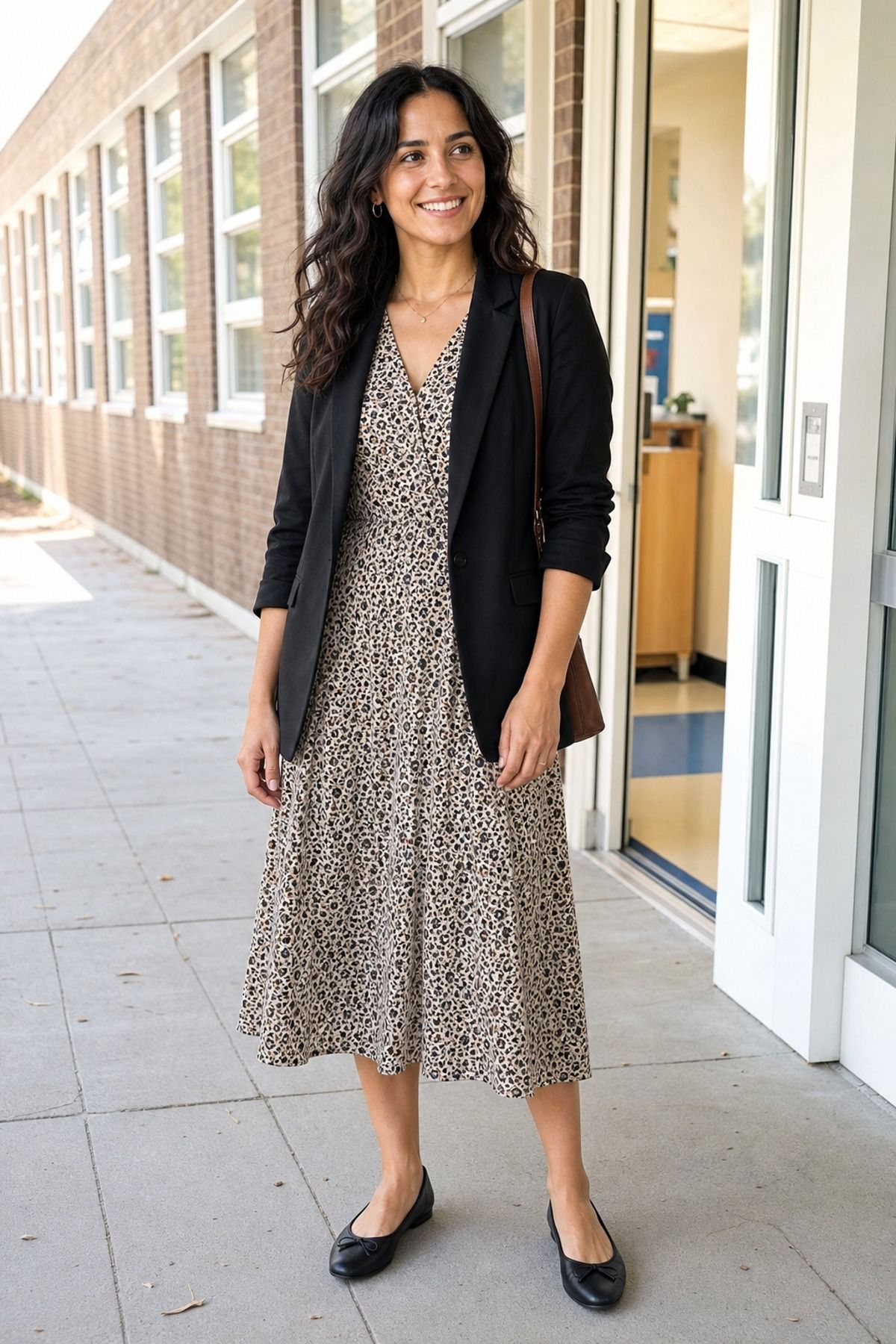 Woman in a leopard-print midi dress, black blazer and black ballet flats outside a brick school building