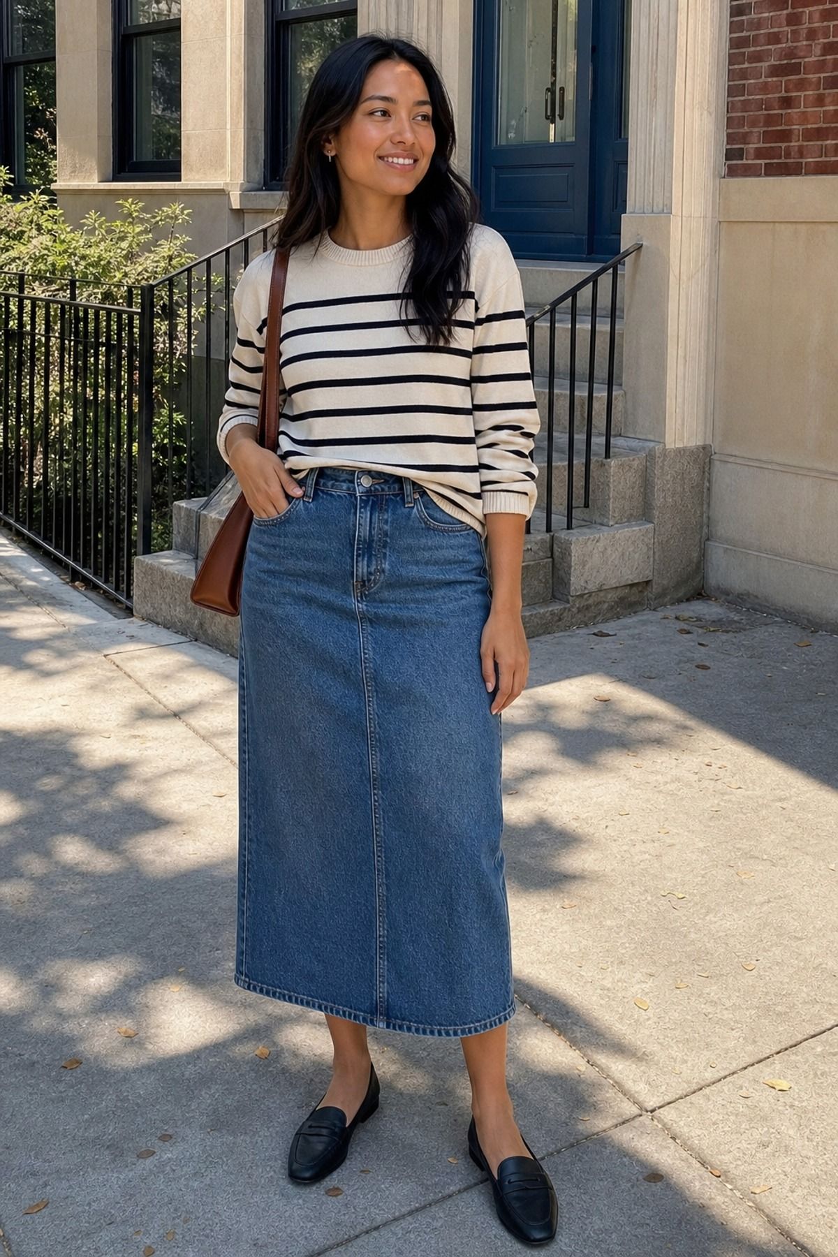 Woman in a cream and black striped sweater, mid-wash denim midi skirt and black loafers on school steps