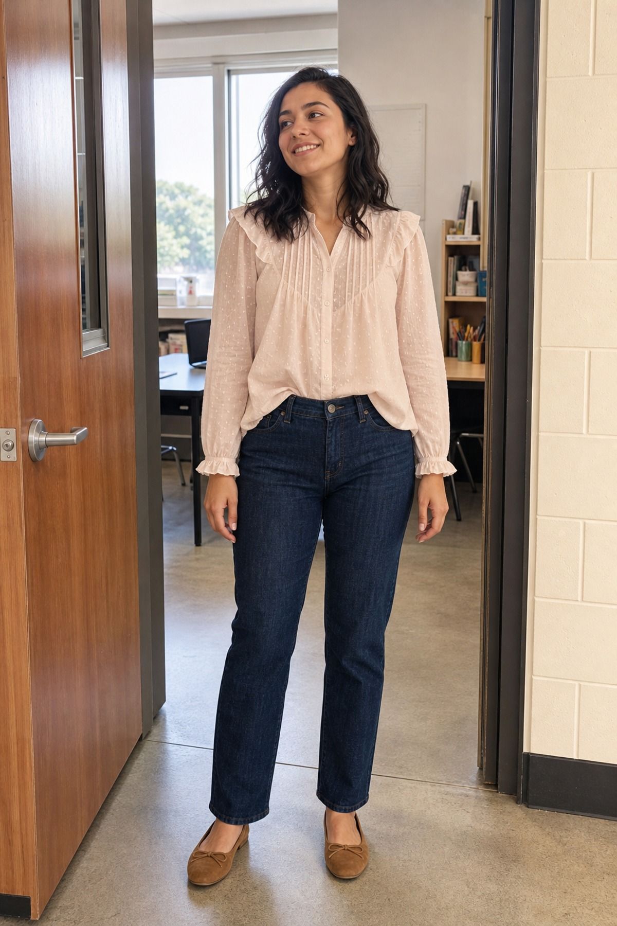 Woman in a blush ruffled blouse, dark straight jeans and tan moccasin flats at a classroom door
