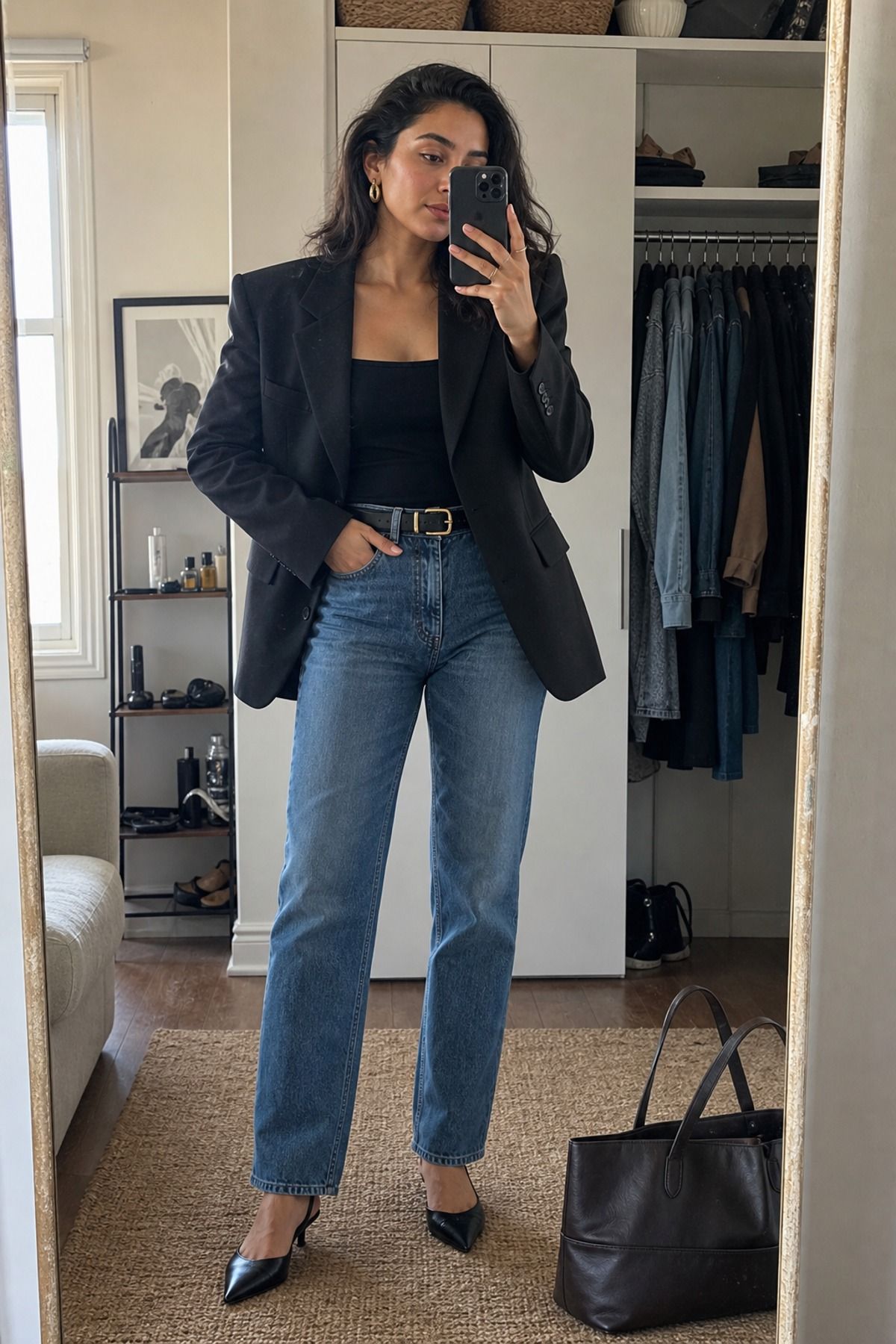 Woman wearing a strong shoulder blazer with straight jeans, a glamoratti outfit