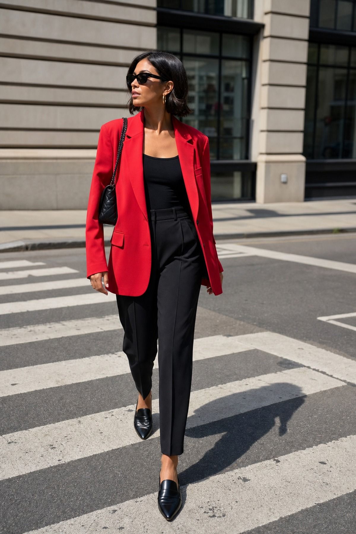 Woman wearing a red blazer with black trousers, a glamoratti outfit