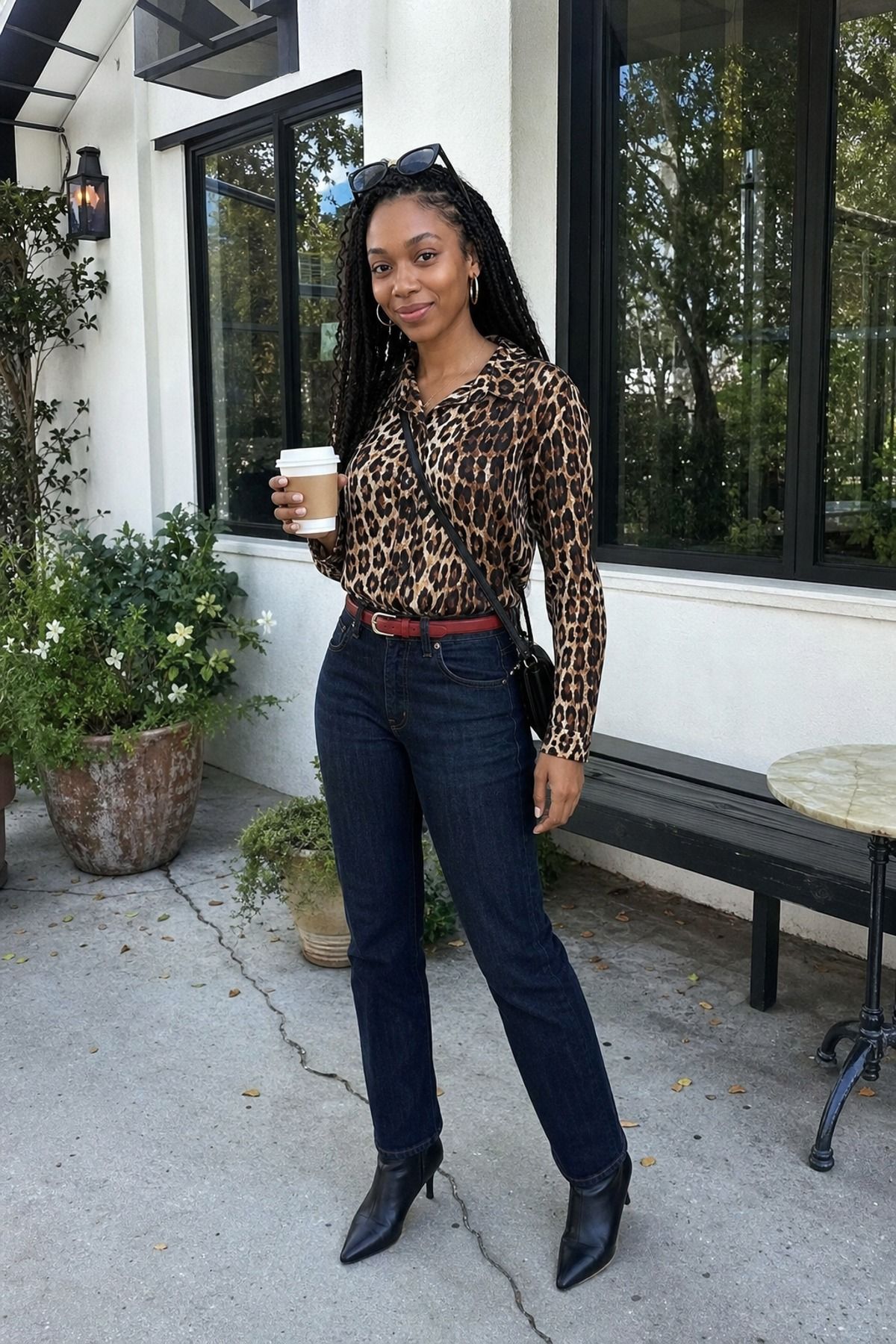 Woman wearing an animal print blouse with dark denim, a glamoratti outfit