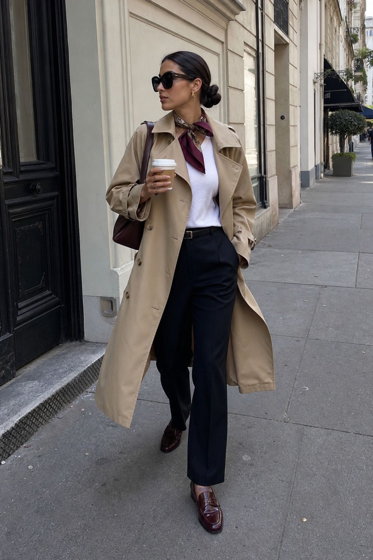 Woman wearing oversized sunglasses with a trench and trousers, a glamoratti outfit