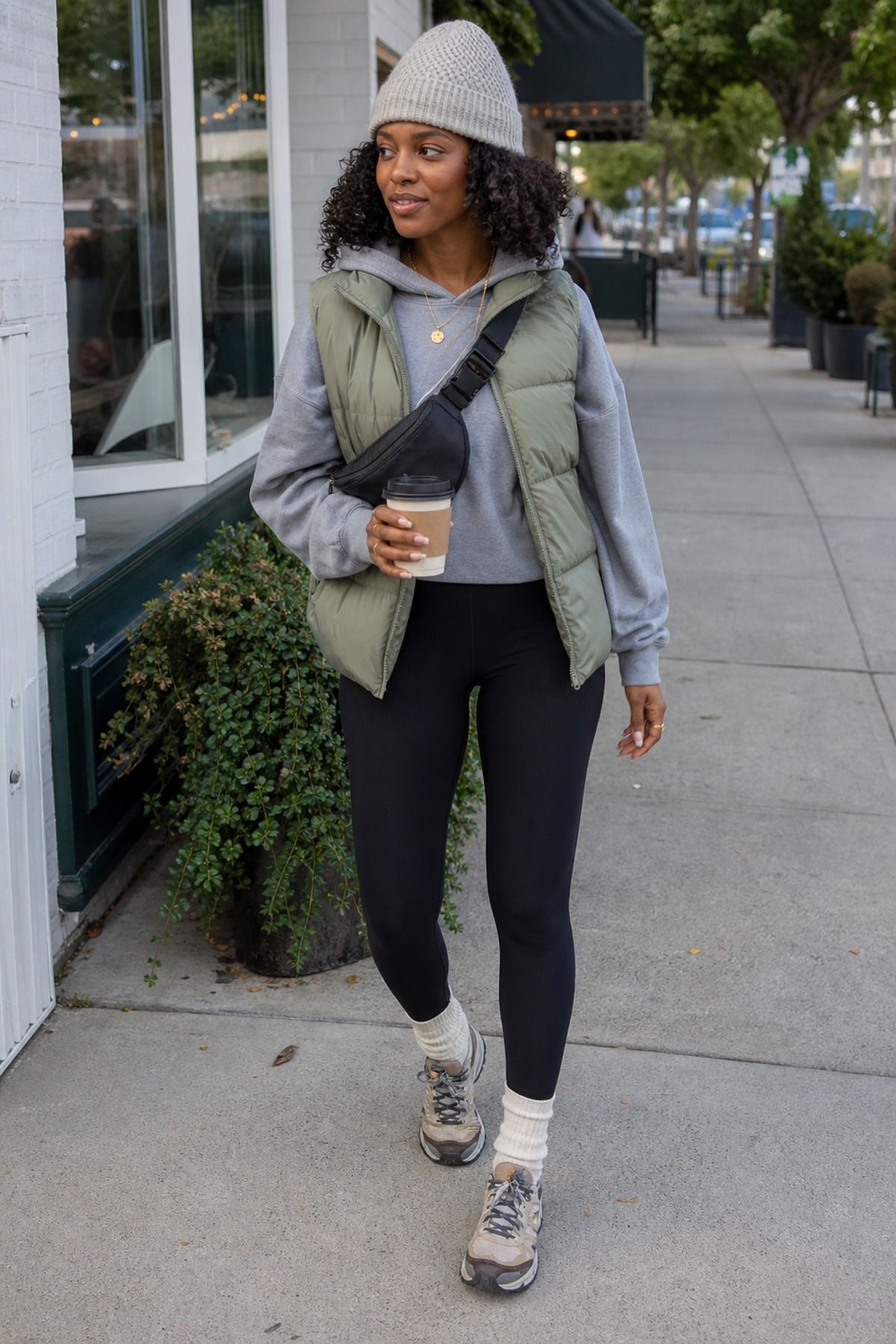 Woman wearing a puffer vest with a hoodie and leggings, a granola girl outfit