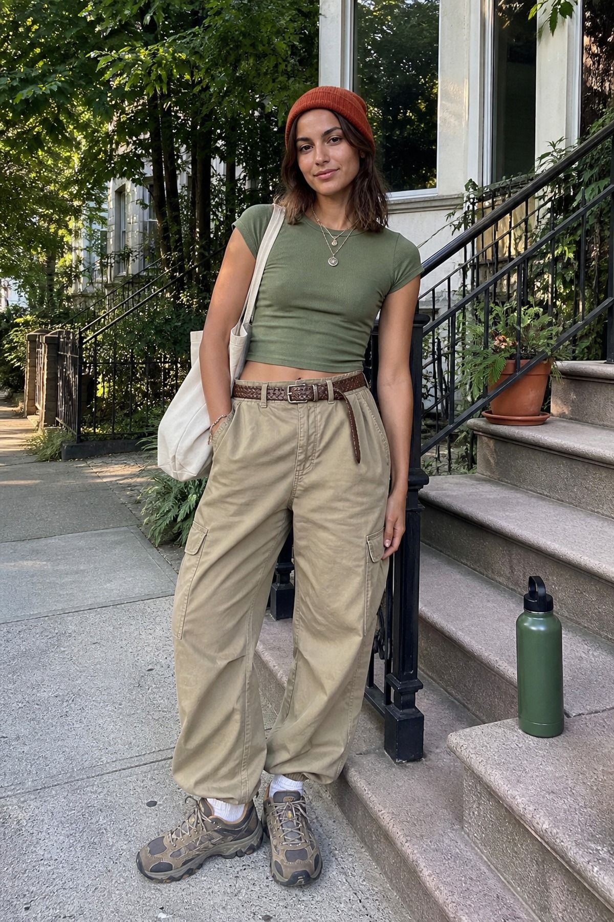 Woman wearing cargo pants with a baby tee and beanie, a granola girl outfit