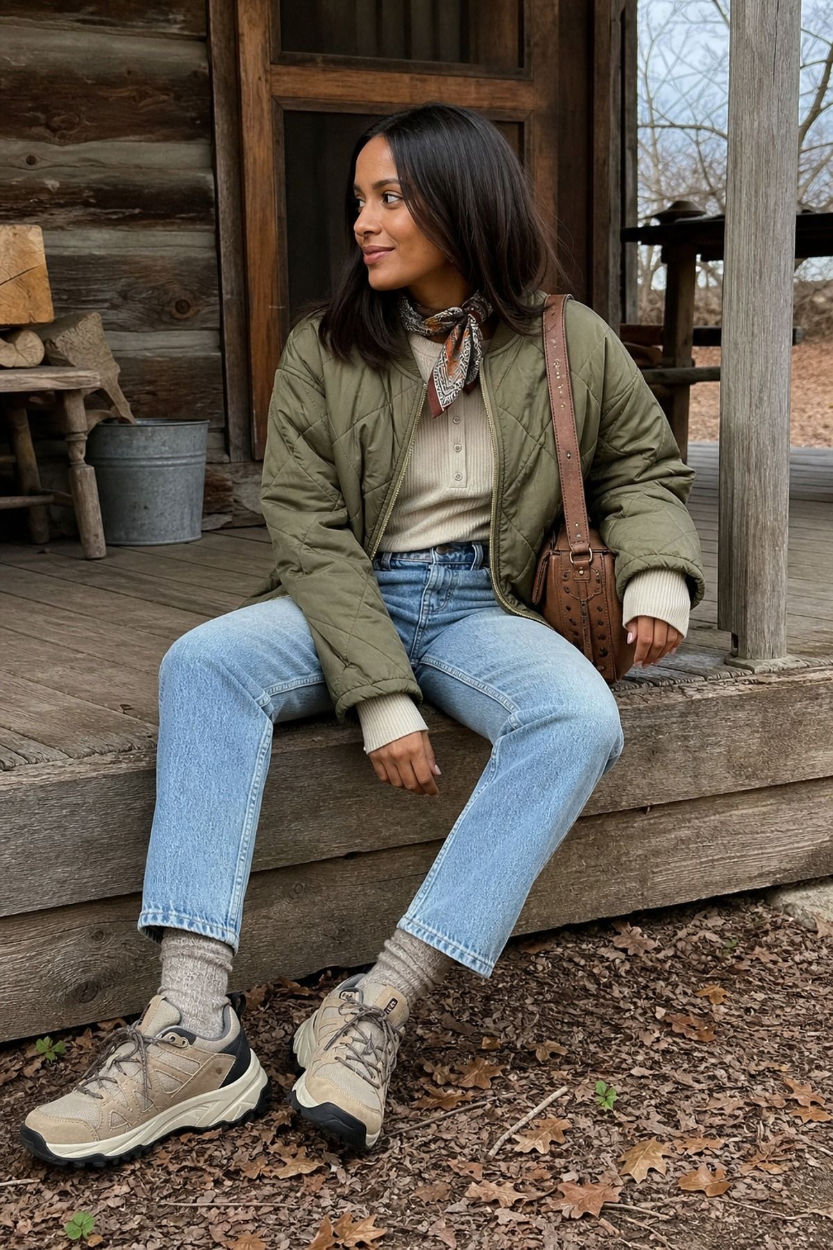 Woman wearing a quilted jacket with straight jeans and hiking sneakers, a granola girl outfit