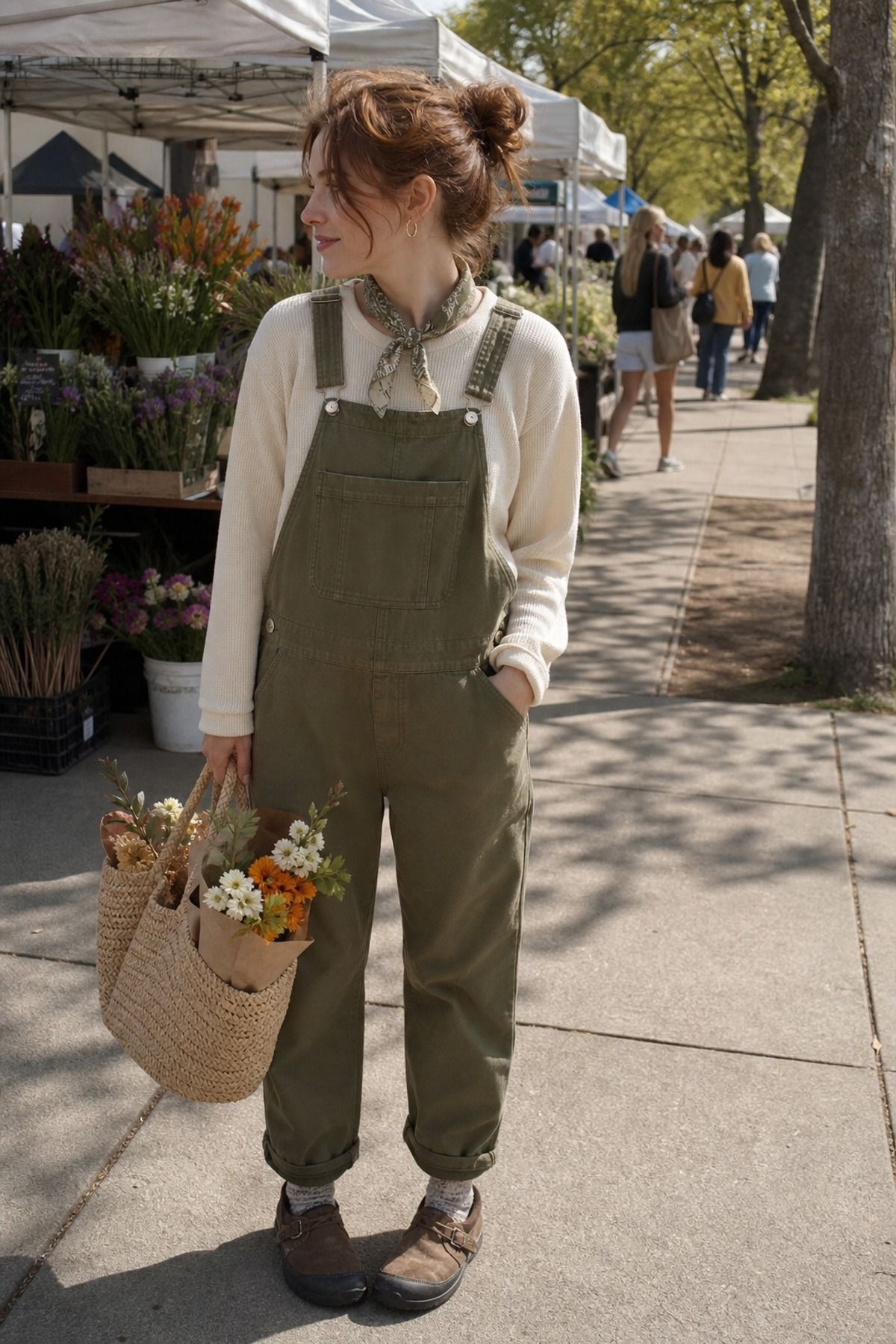 Woman wearing overalls with a thermal long sleeve, a granola girl outfit