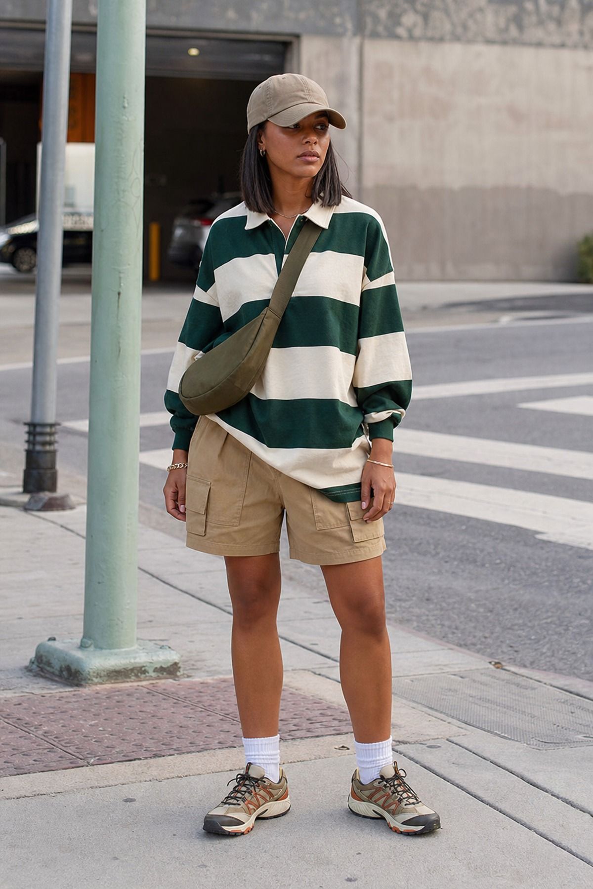 Woman wearing a rugby shirt with cargo shorts, a granola girl outfit