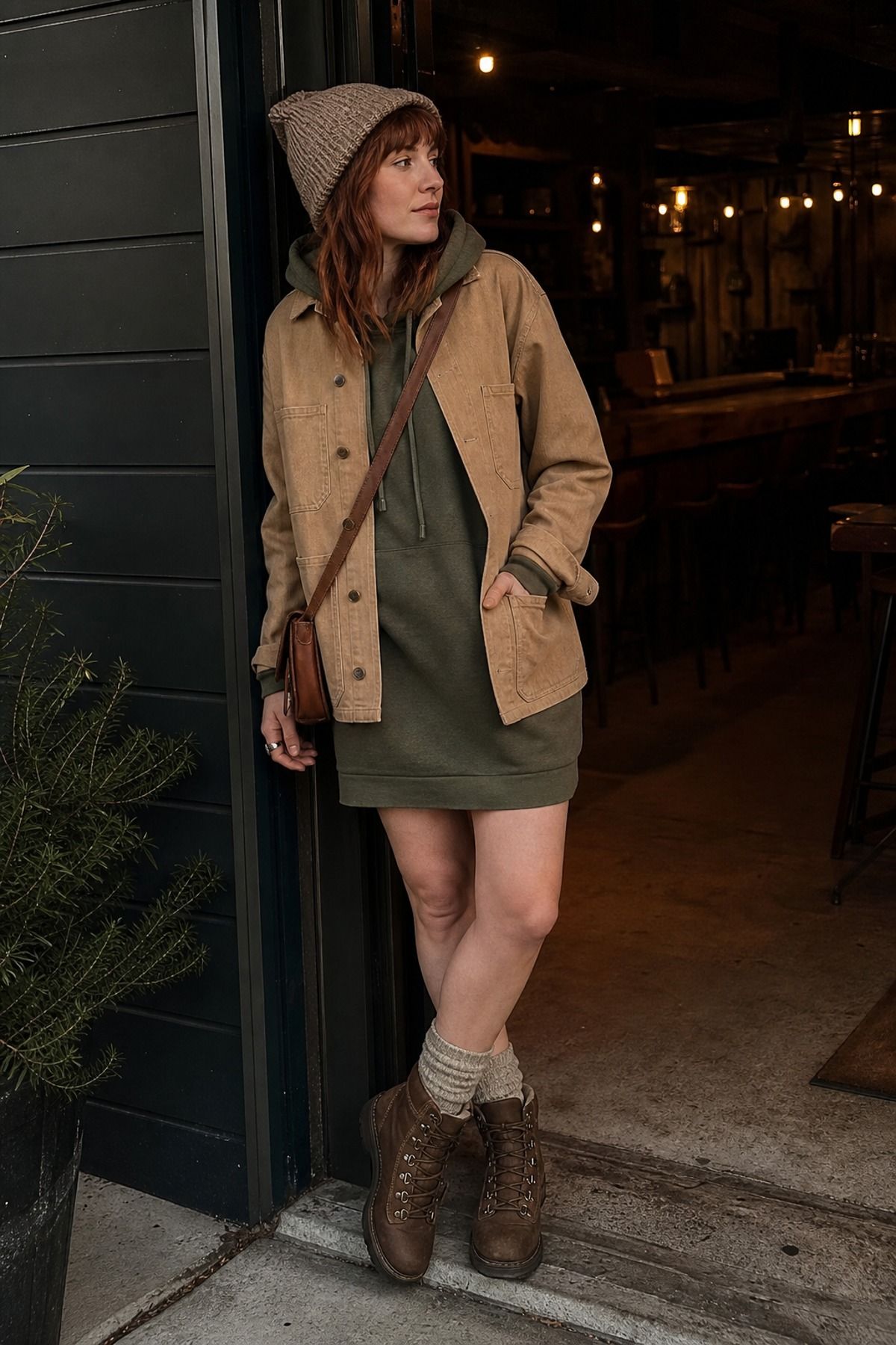 Woman wearing a canvas jacket with a hoodie dress, a granola girl outfit