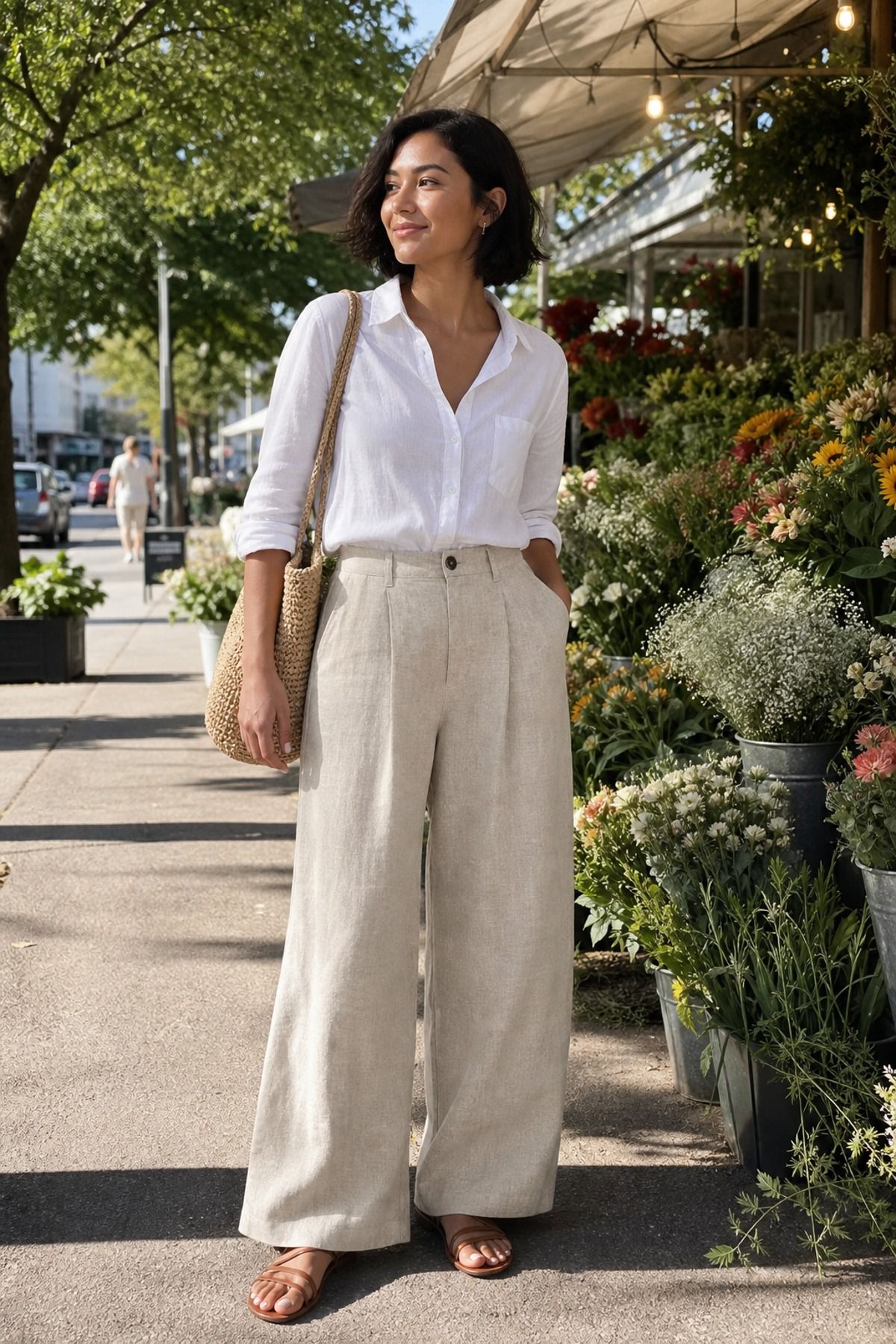Woman in a white button-front shirt tucked into cream wide-leg linen pants with tan sandals and a straw bag by a flower stall