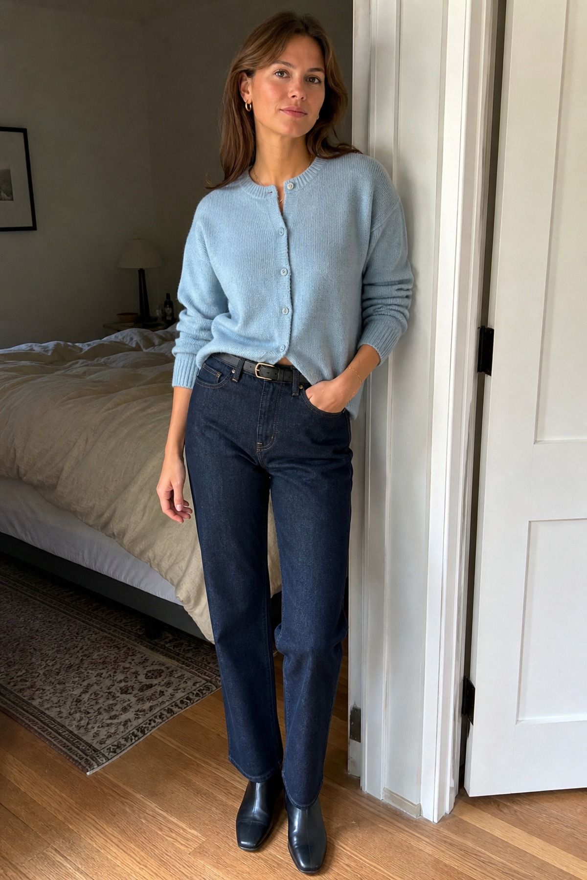 Woman wearing an ice blue cardigan with dark denim, an icy blue outfit
