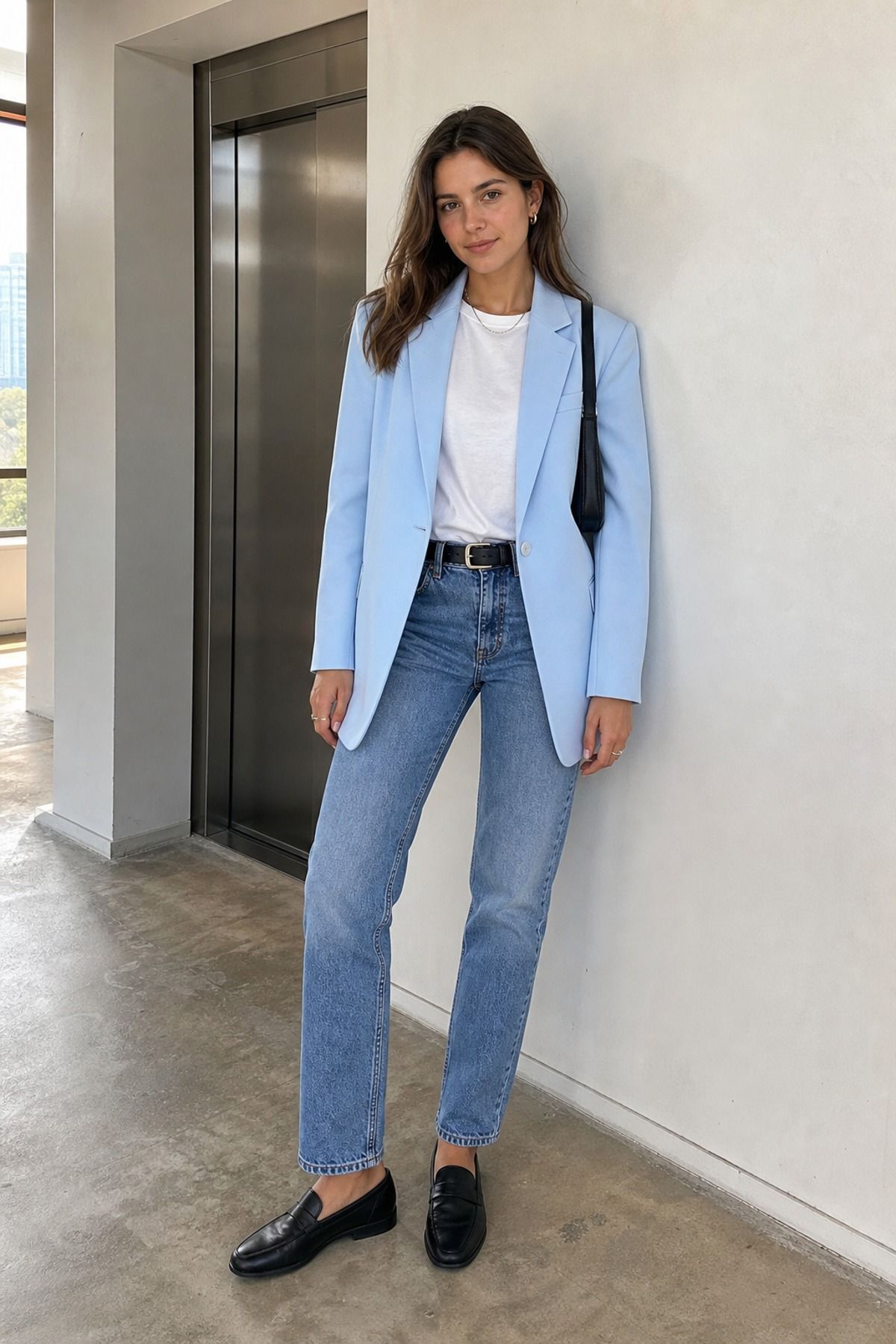 Woman wearing an icy blue blazer with jeans and a white tee