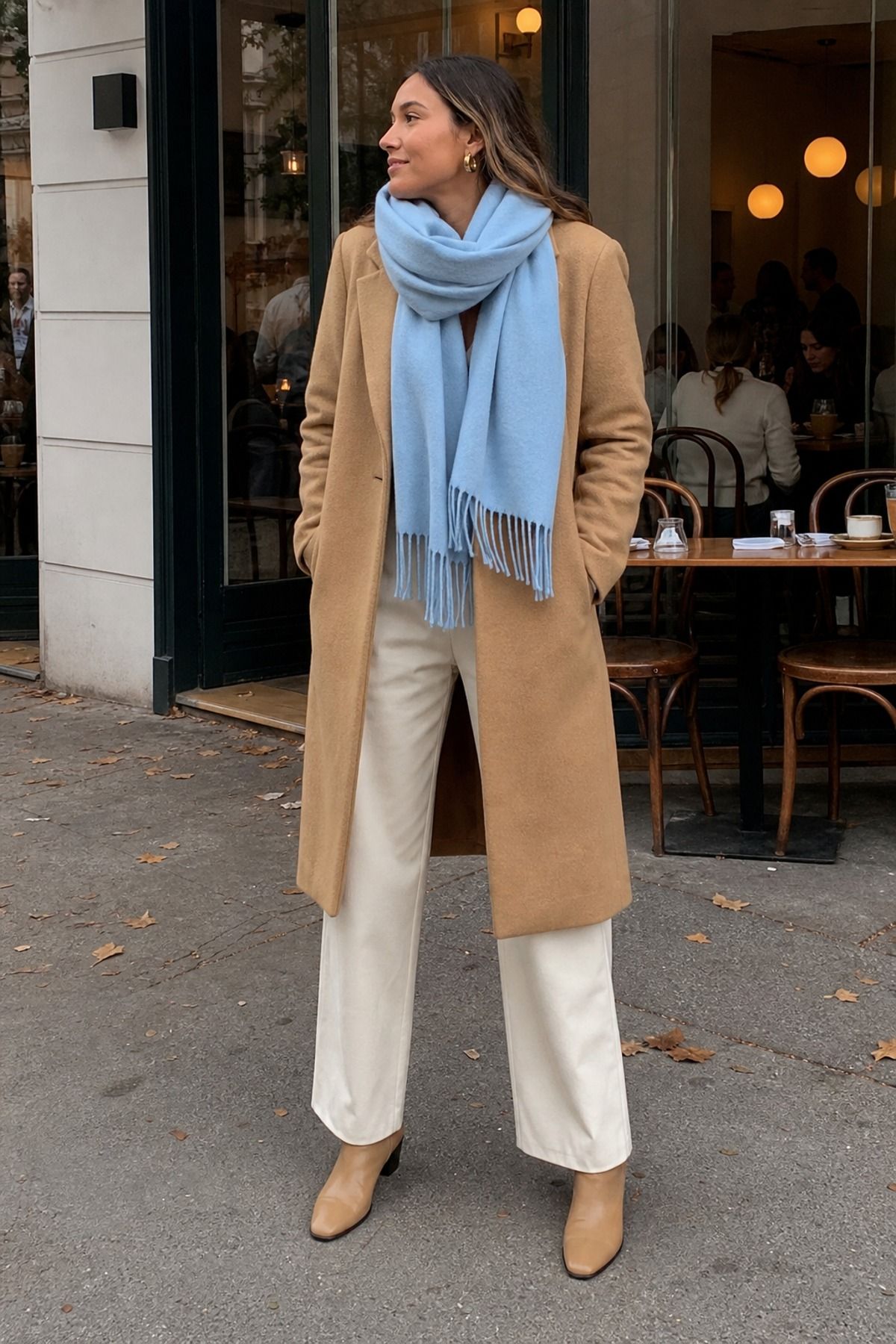 Woman wearing an icy blue scarf with a camel coat
