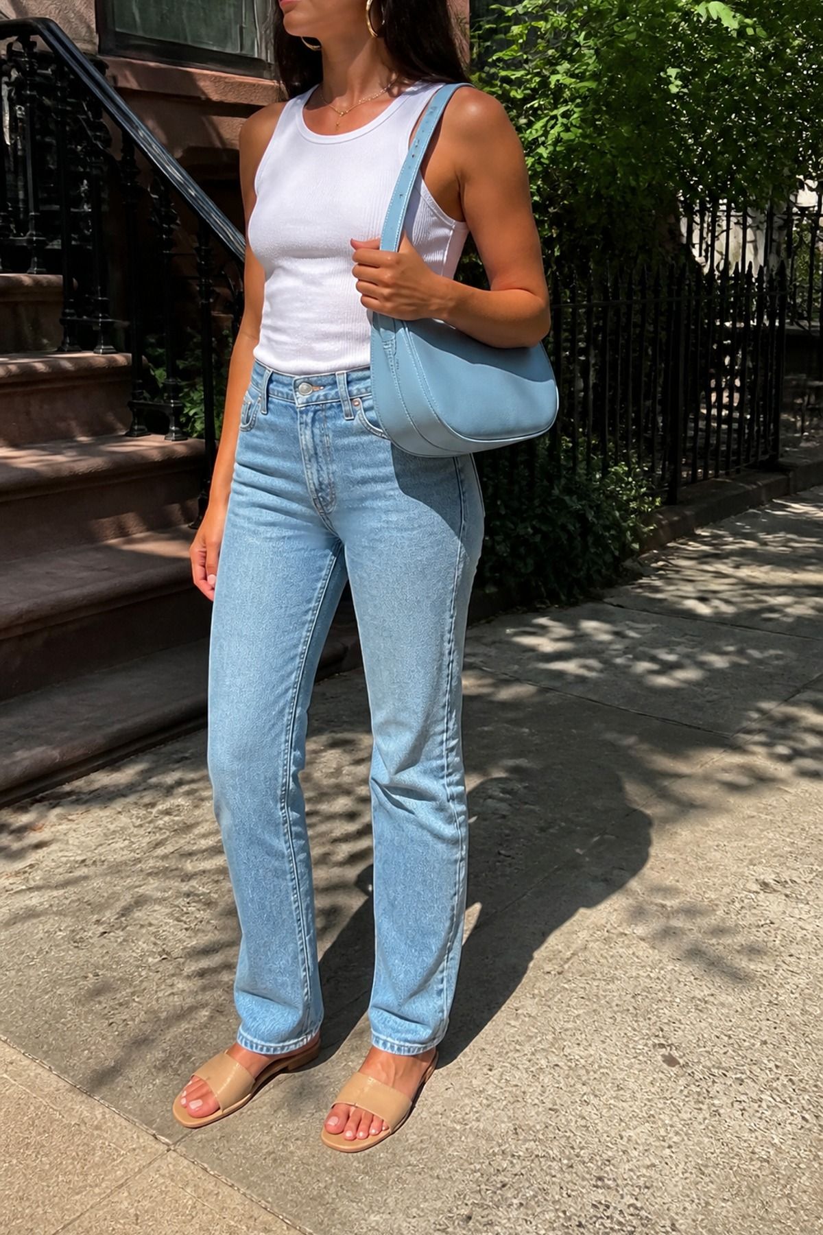 Woman carrying an icy blue bag with a white tank and jeans
