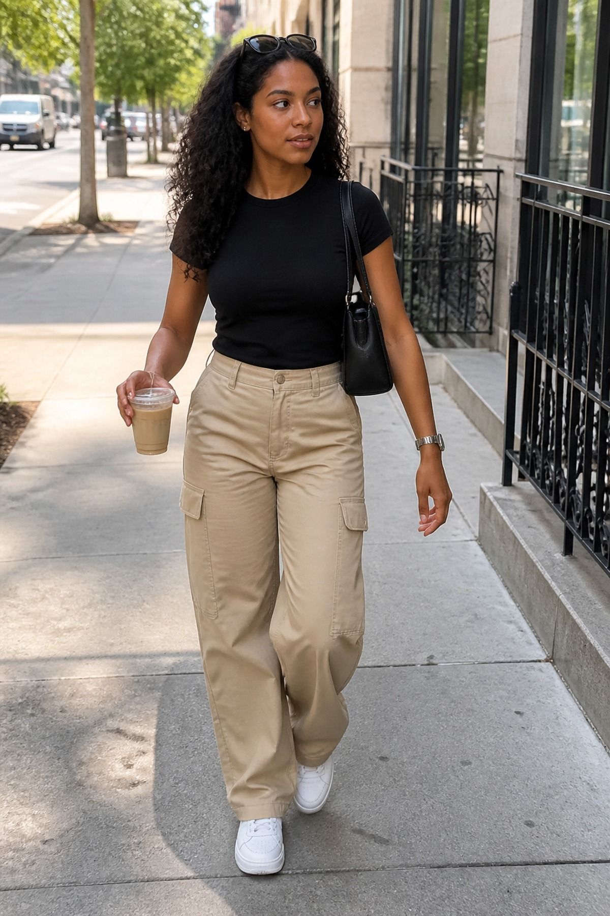 Woman wearing khaki cargo pants with a black fitted tee
