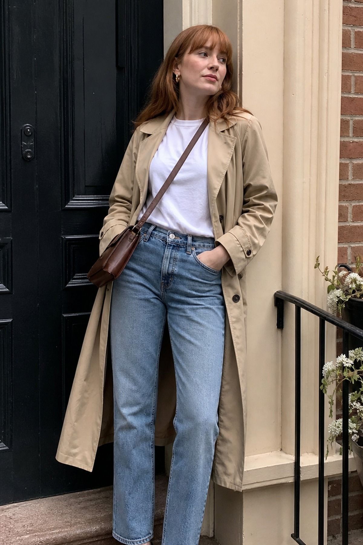 Woman wearing a khaki trench with straight jeans