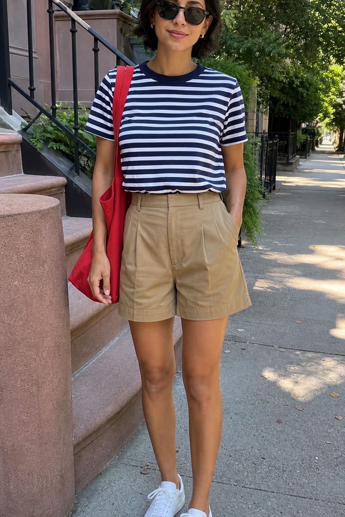 Woman wearing khaki shorts with a striped tee