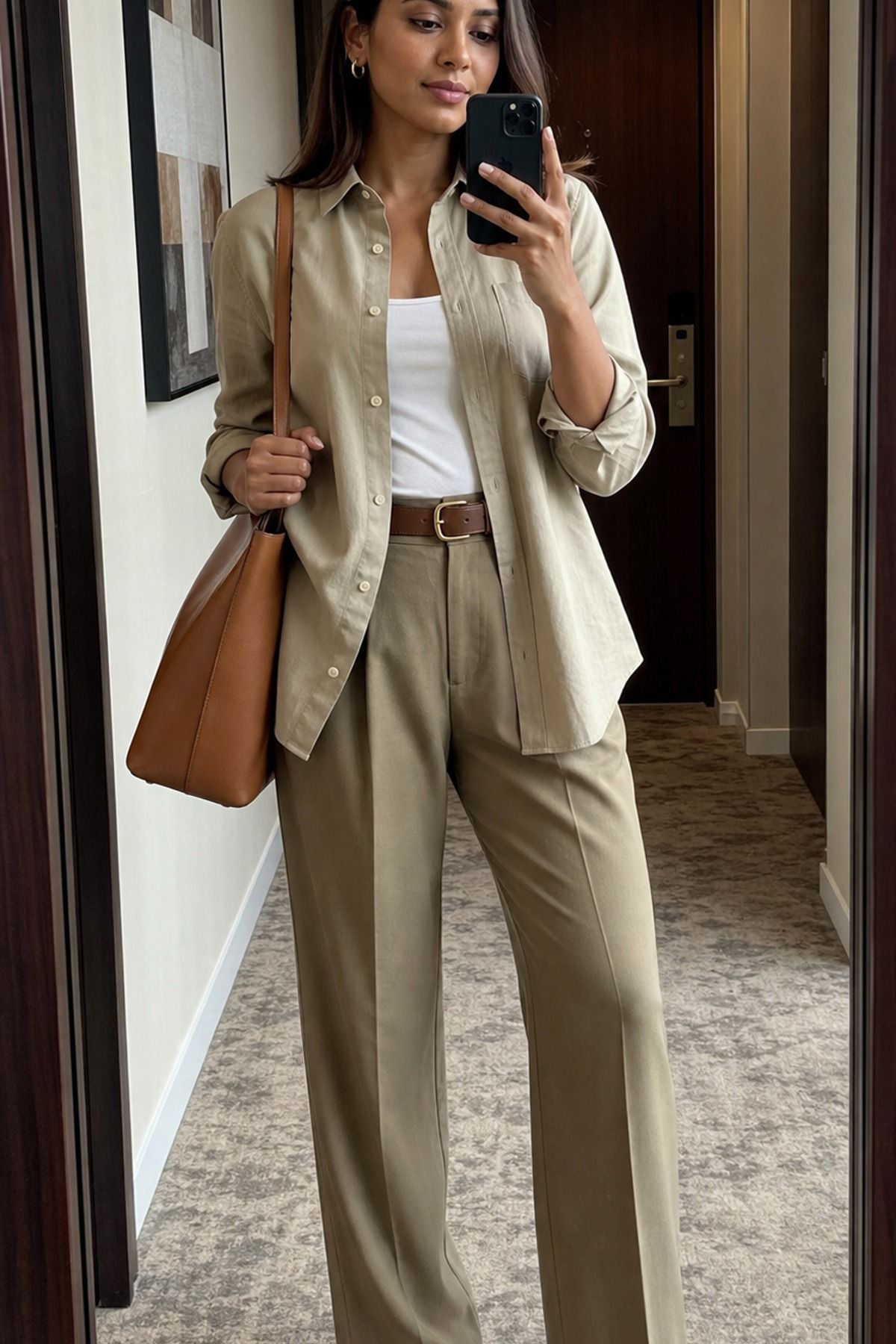 Woman wearing a monochrome khaki shirt and trousers