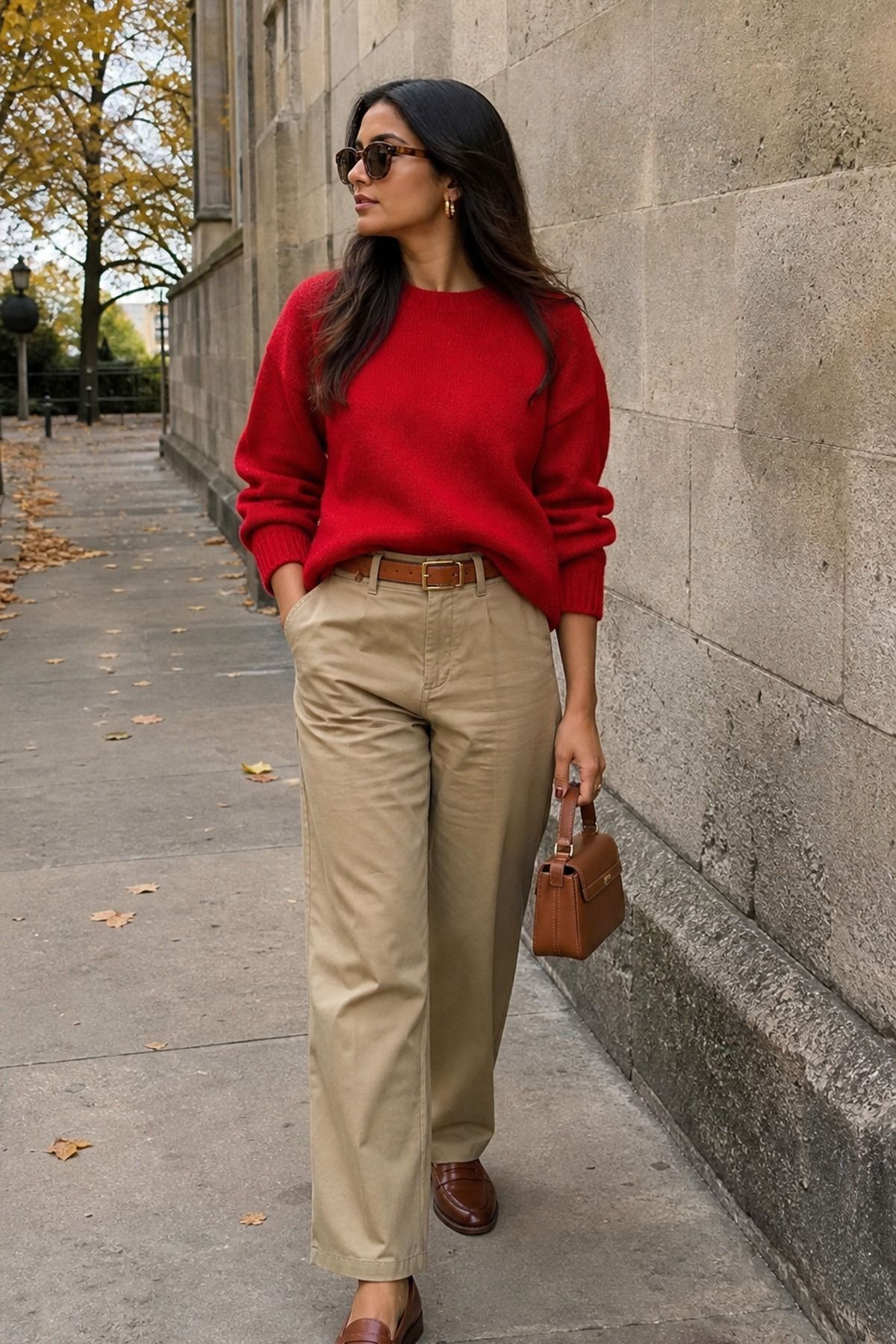 Woman wearing khaki pants with a red sweater