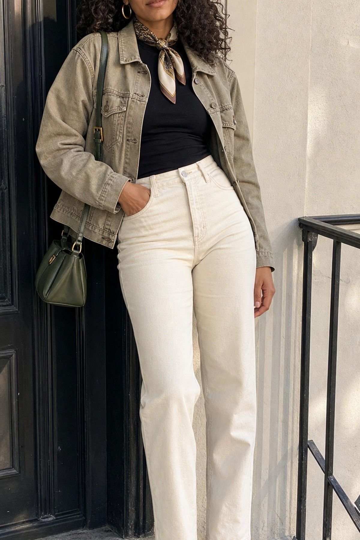 Woman wearing a khaki denim jacket with cream jeans