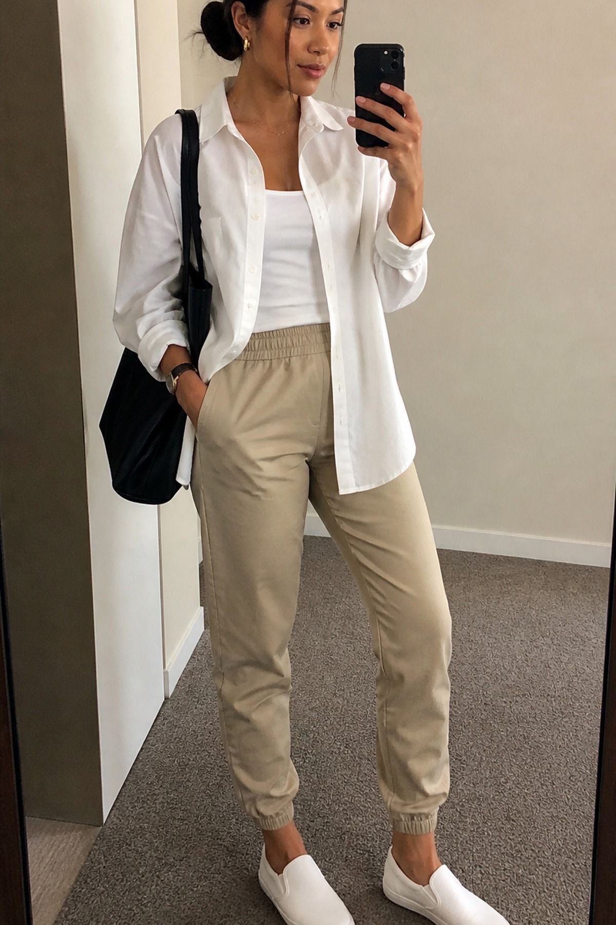 Woman wearing khaki joggers with a white button-down