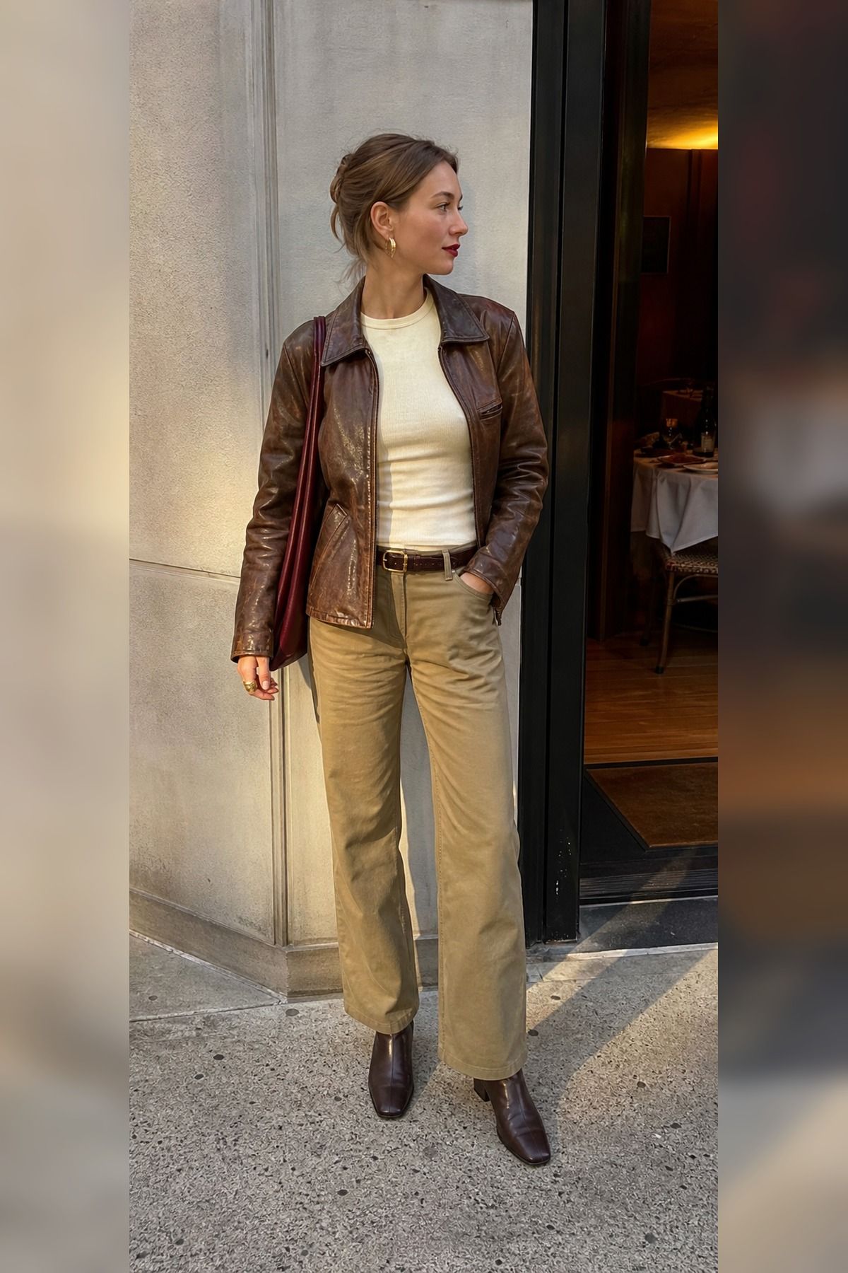 Woman wearing khaki pants with a brown leather jacket