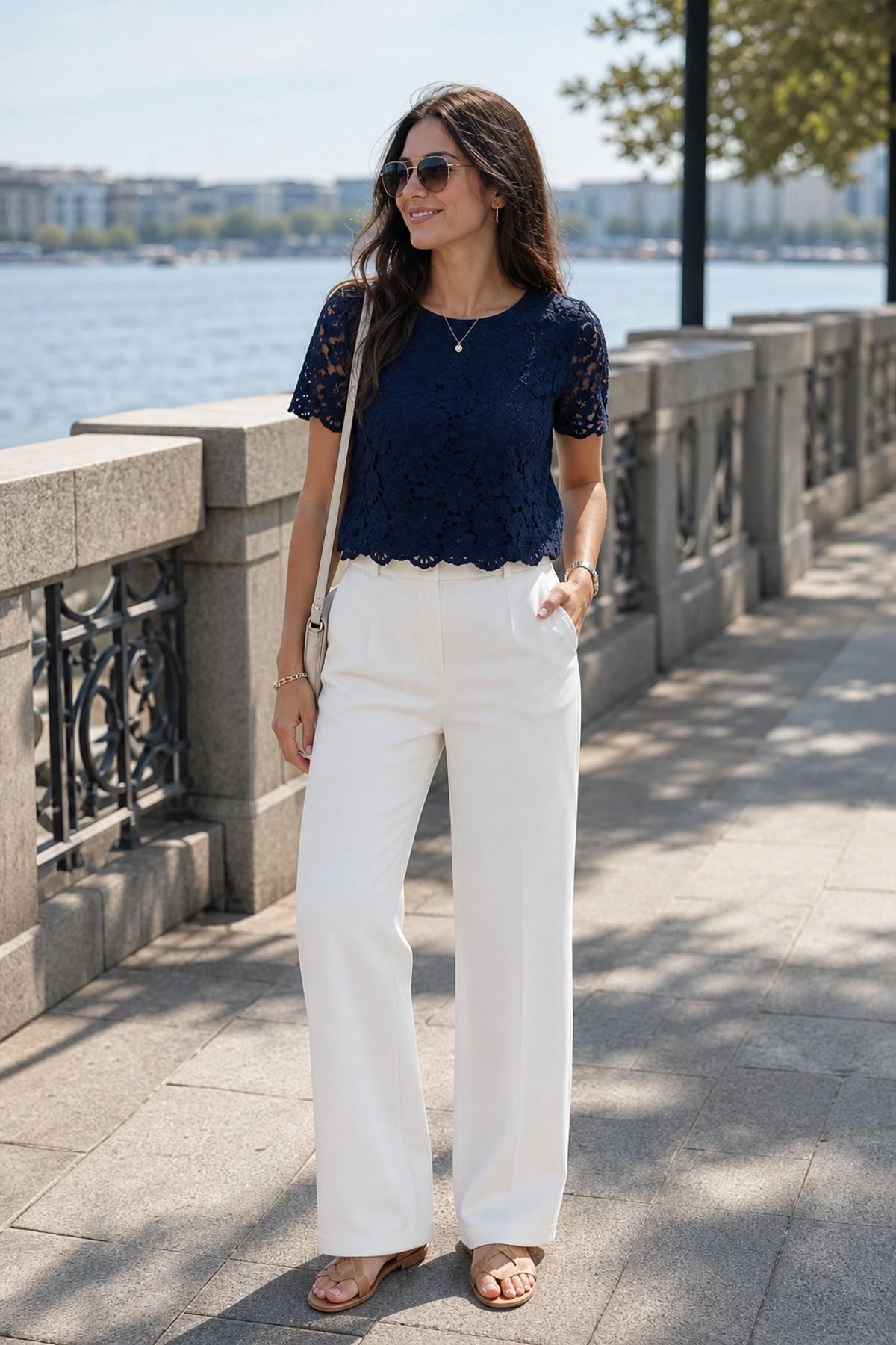 Woman wearing a navy lace top with white trousers