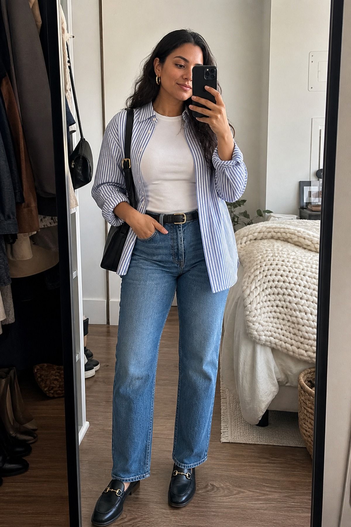 Woman wearing straight jeans with a fitted tee and open button-down, a midsize casual outfit