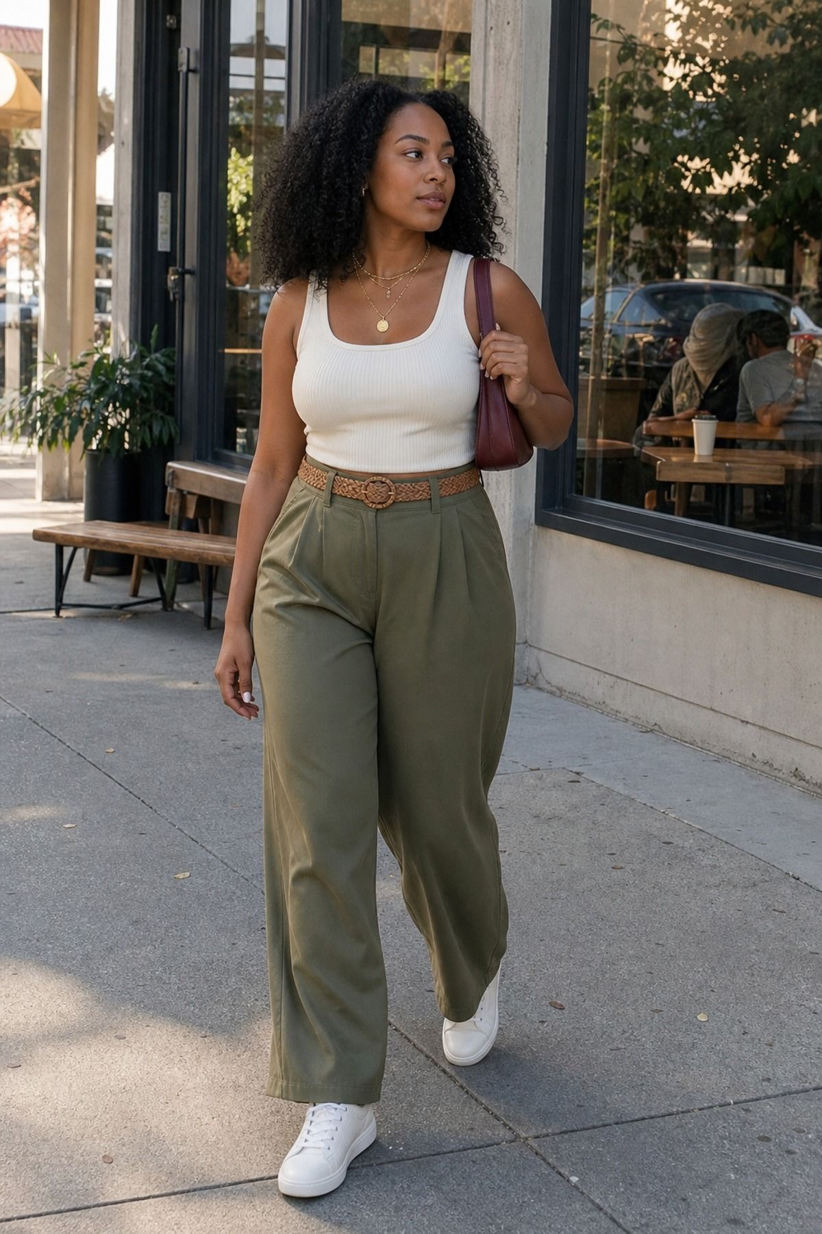 Woman wearing wide-leg trousers with a ribbed tank, a midsize casual outfit