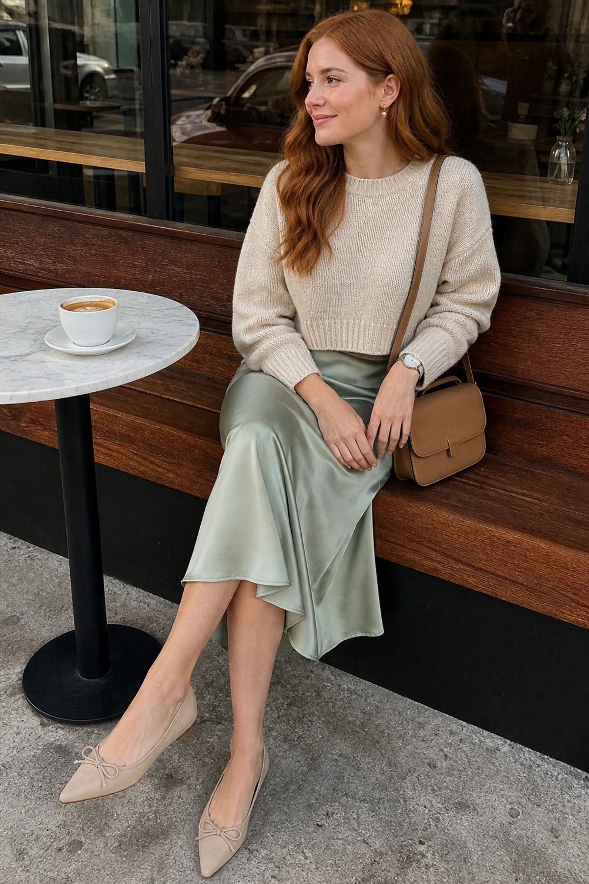 Woman wearing a midi skirt with a cropped knit, a midsize casual outfit