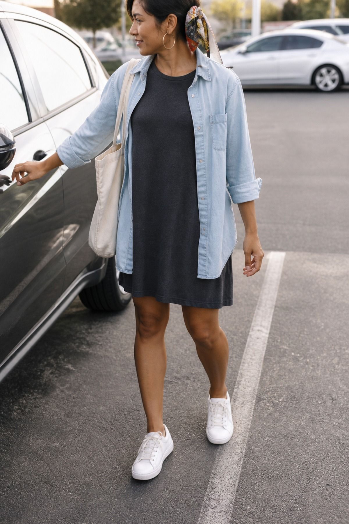 Woman wearing a t-shirt dress with a denim shirt, a midsize casual outfit