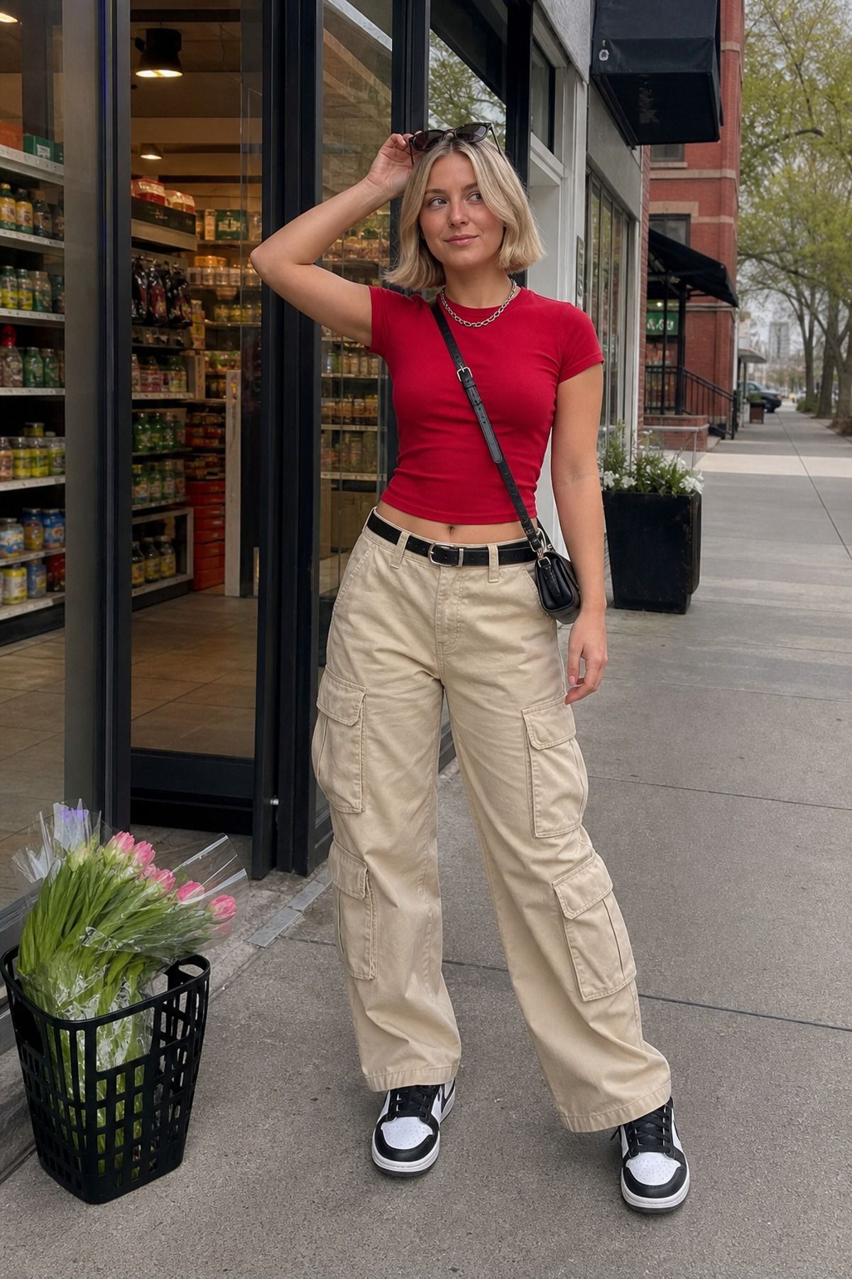 Woman wearing cargo pants with a baby tee, a midsize casual outfit