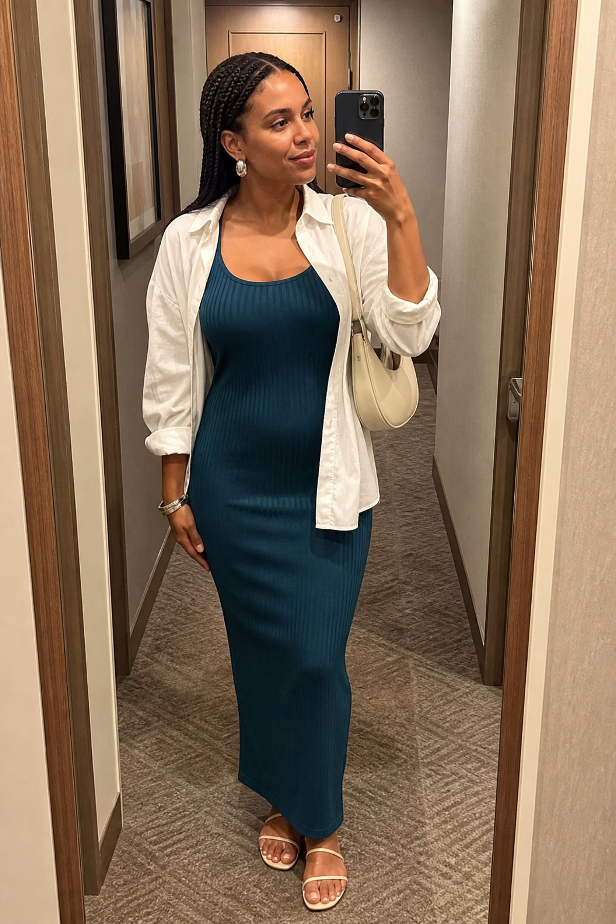 Woman wearing a column dress with an oversized shirt, a midsize casual outfit
