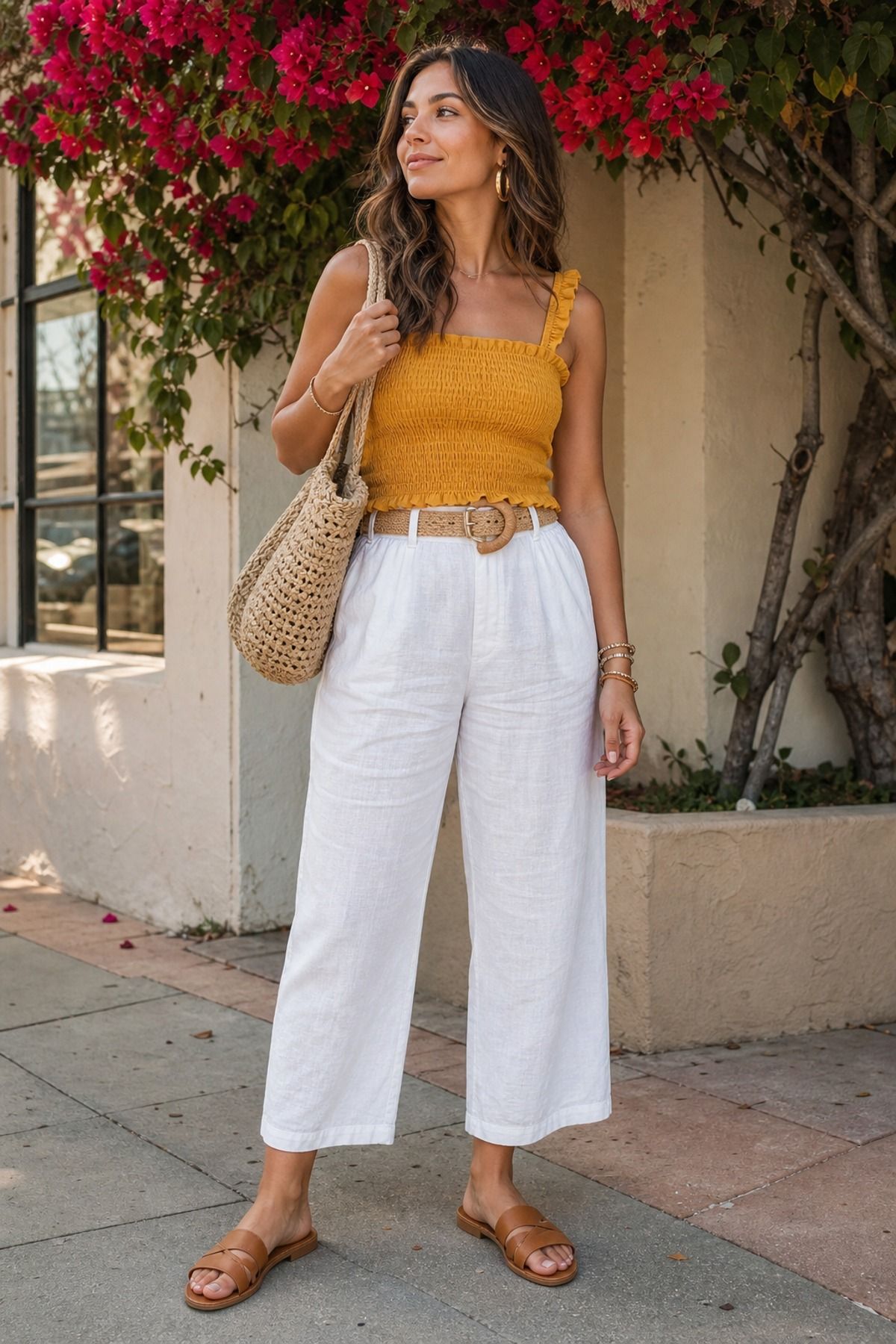 Woman wearing linen pants with a smocked top, a midsize casual outfit