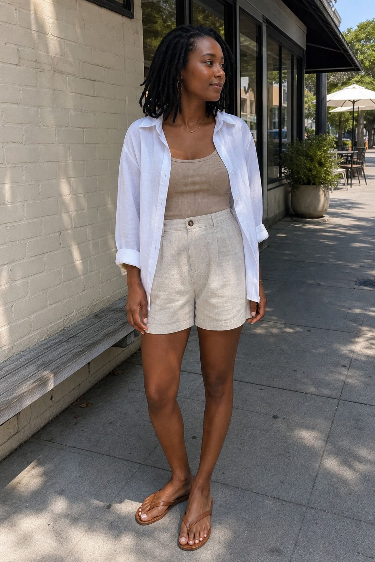 Woman wearing an open-collar shirt with linen shorts