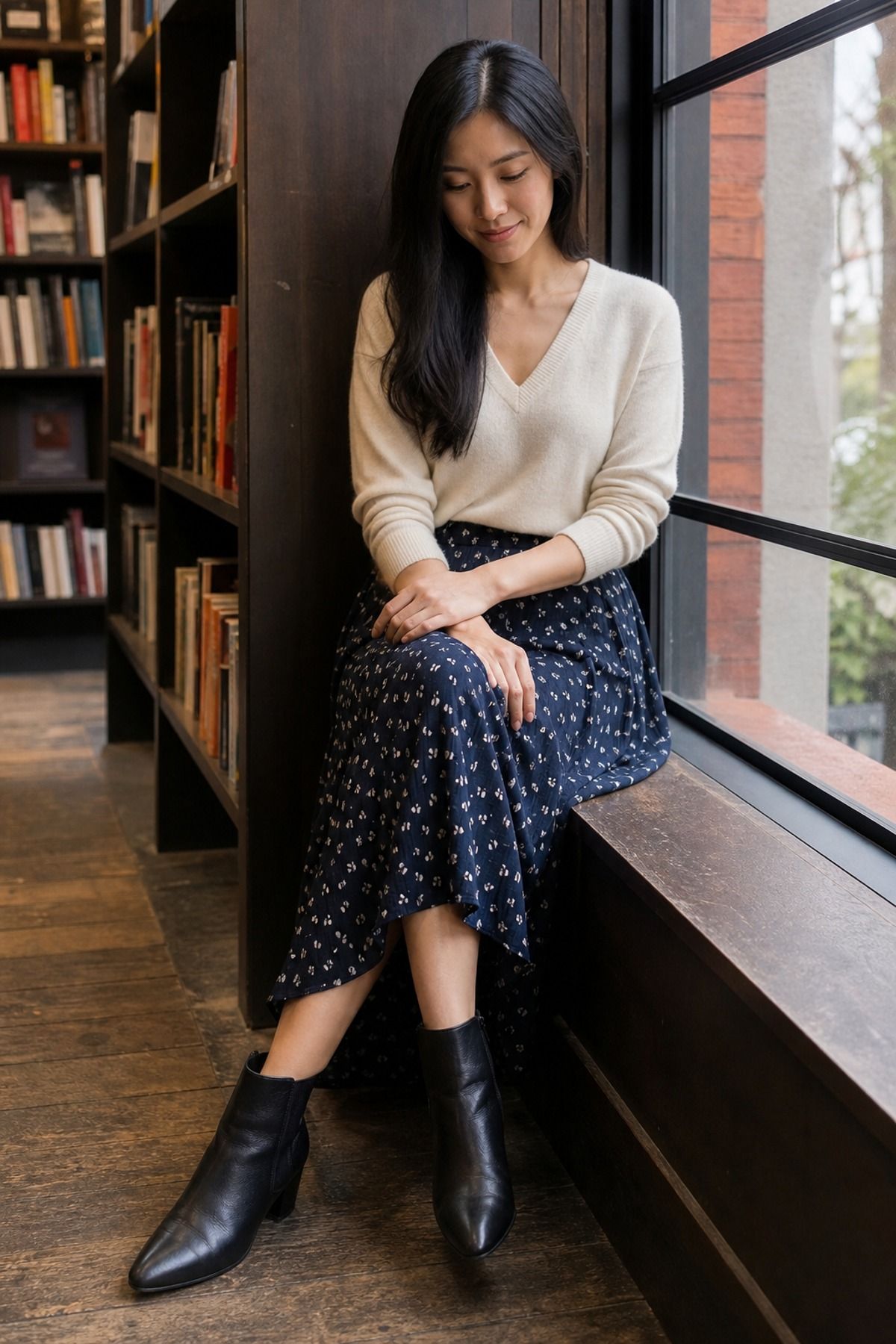 Woman wearing a fine-knit v-neck with a printed midi skirt