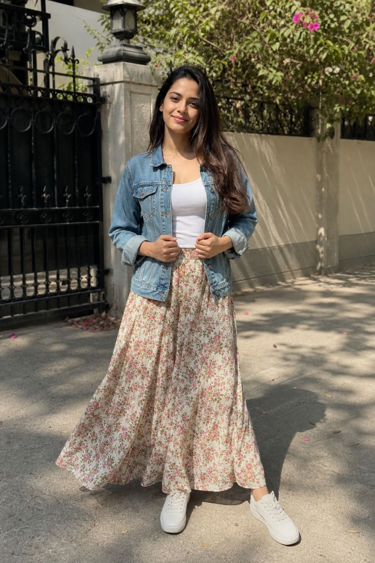 Woman wearing a denim jacket with a flowy maxi skirt