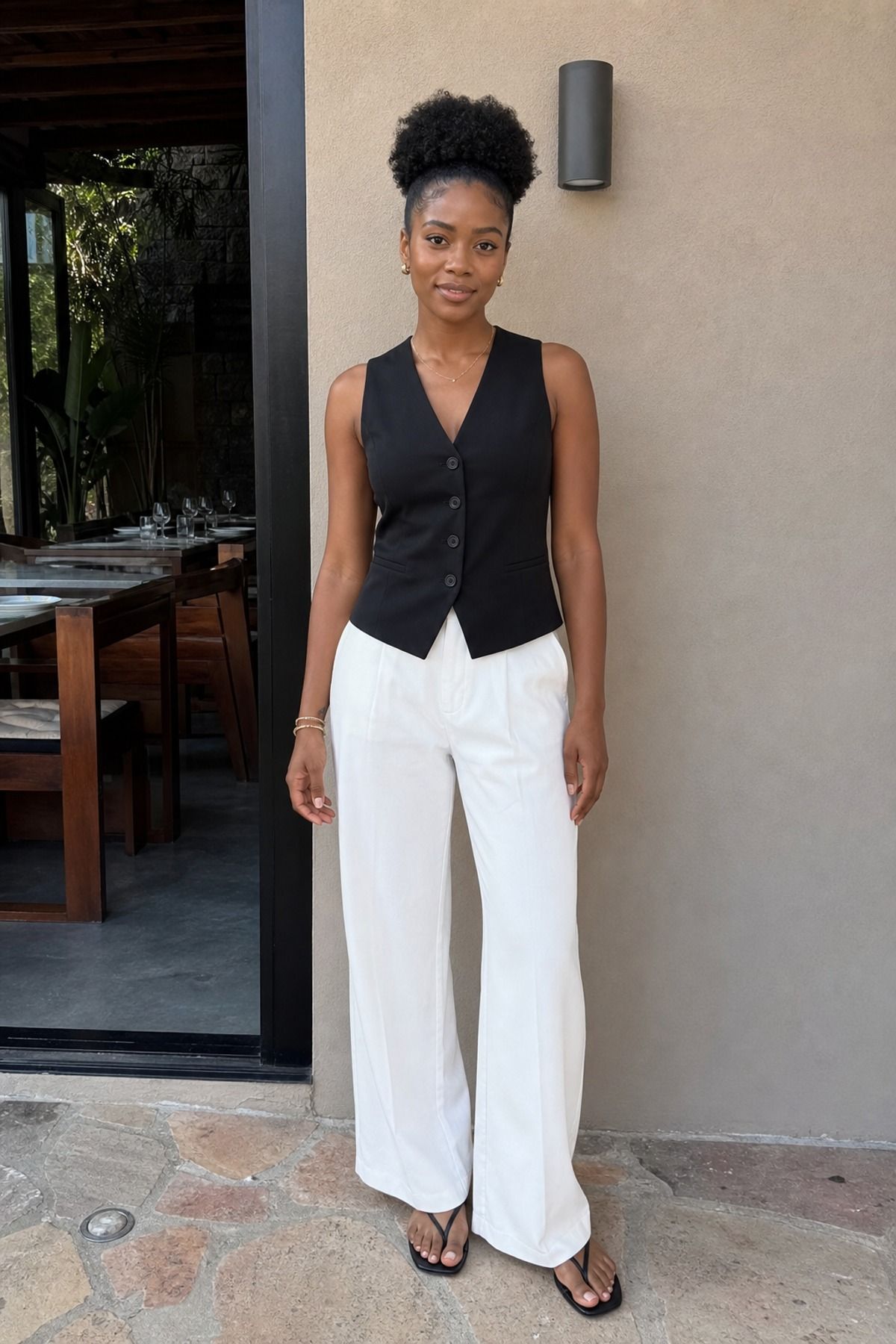 Woman wearing a sleeveless vest with full-length pants