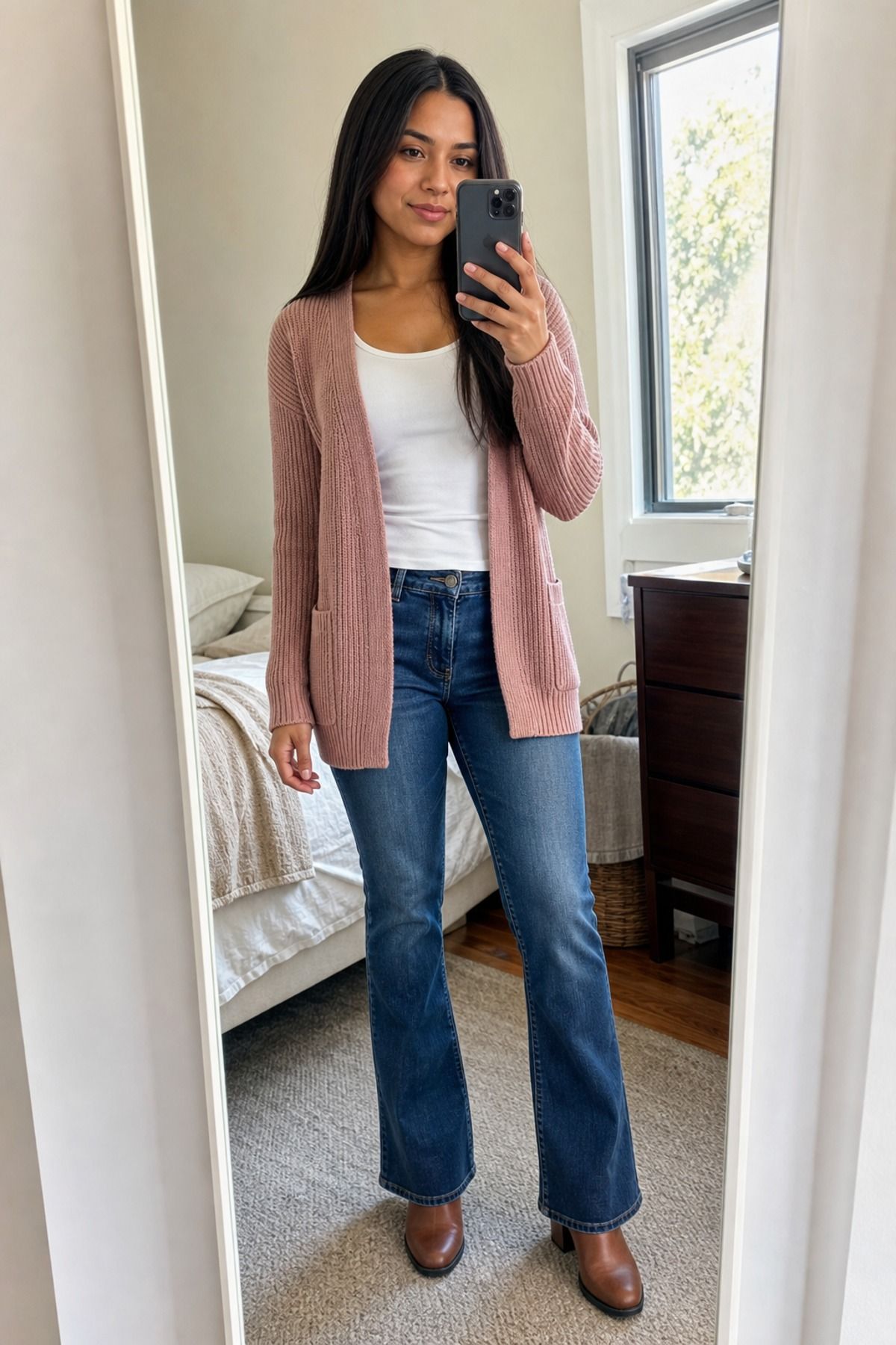 Woman wearing a cardigan worn open with bootcut jeans
