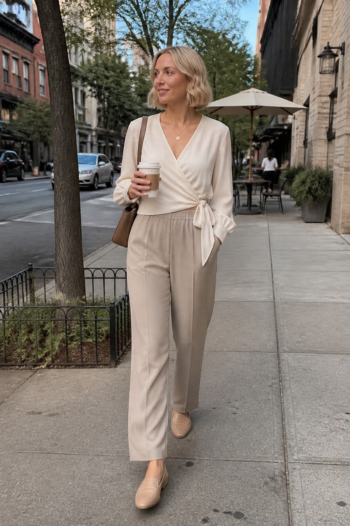 Woman wearing a wrap blouse with pull-on trousers